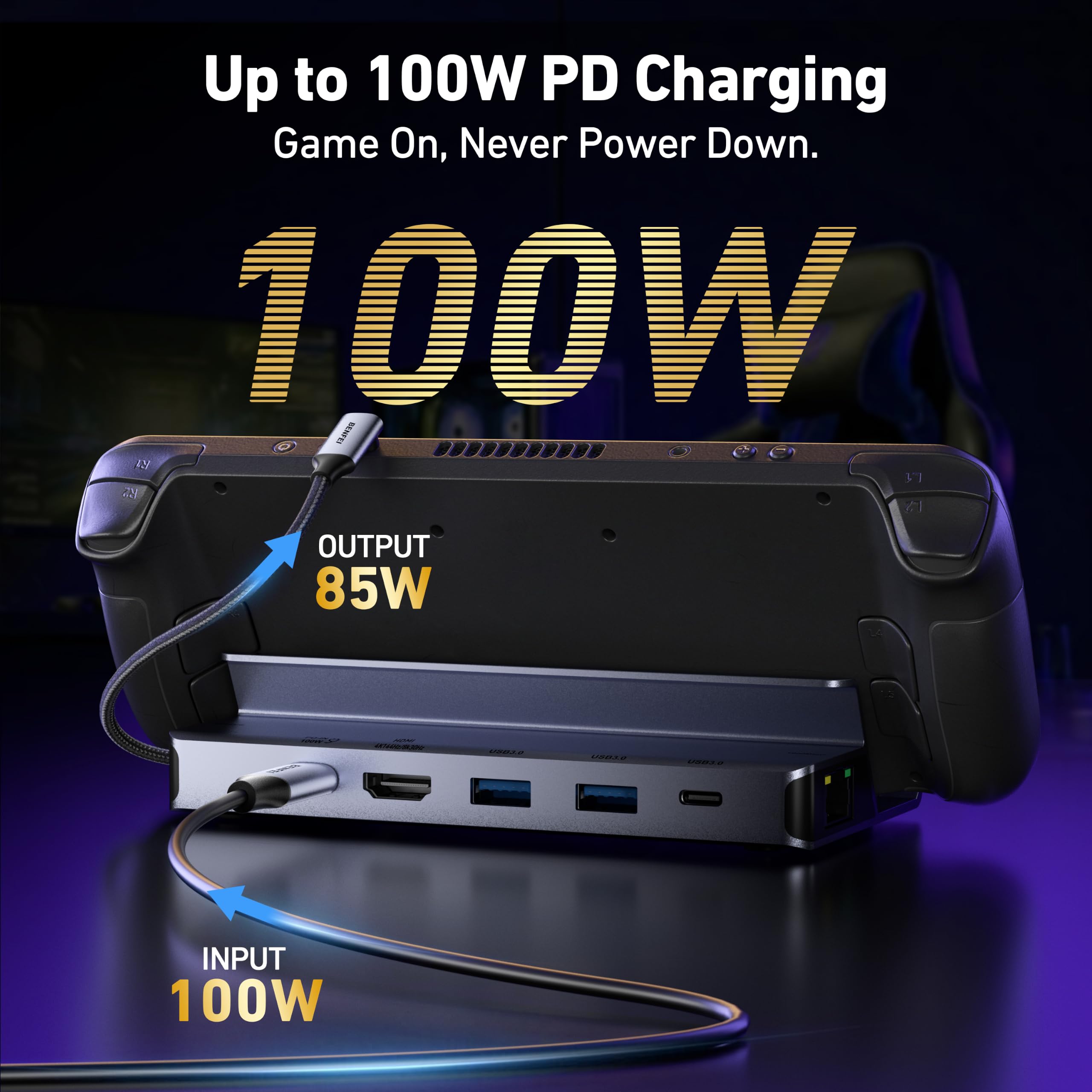 BENFEI Steam Deck Dock,Station d’Accueil 6-en-1 pour Steam Deck (OLED) et ROG Ally, Hub USB-C avec HDMI 8K@30Hz, 4K@144Hz, Ethernet Gigabit, 3 Ports de données (2X USB 3.0 + 1x USB-C), Charge PD 100W