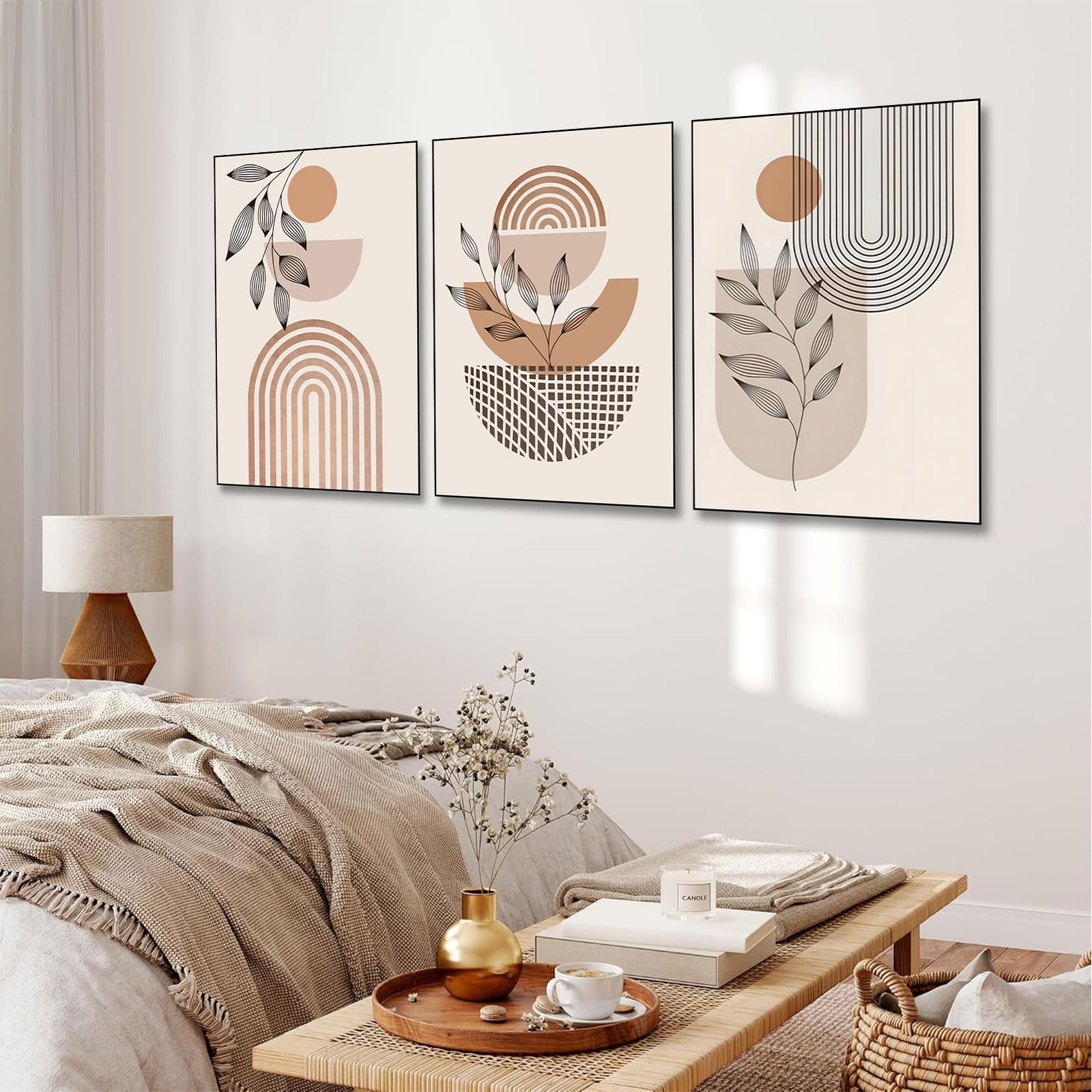 BNREDA Juego de 3 pósteres bohemios, línea abstracta en lienzo, arte de pared, póster moderno de línea geométrica, decoración para salón, dormitorio y sin marco (A, 60 x 90 cm x 3, sin marco)