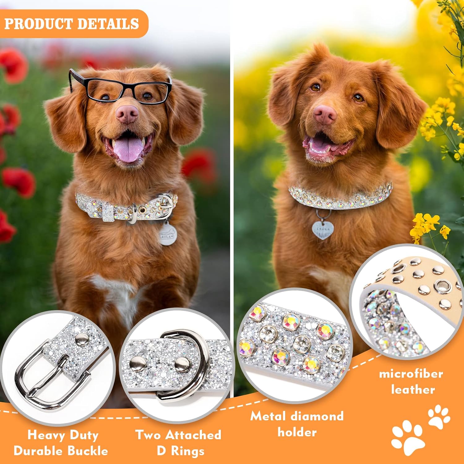 Rhinestone Leather Dog Collar Bling Dog Collars for Small Medium Large Dogs - Soft Microfiber Leather with Adjustable Stylish Sparkly Diamonds Studded Male and Female (1" Wide,Silver,L)