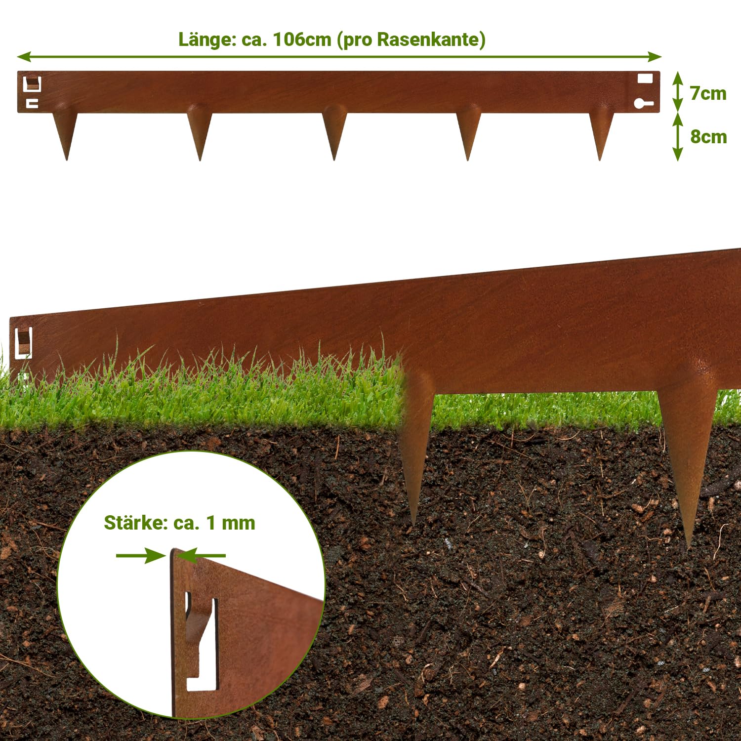 Rasenkante mit Dornen, Rasenkante Metall 106x15cm Rostbeständige Beeteinfassung, Flexible Beetumrandung Mähkante Wetterfest, Rost Corten(Länge 10m - Höhe 15cm)