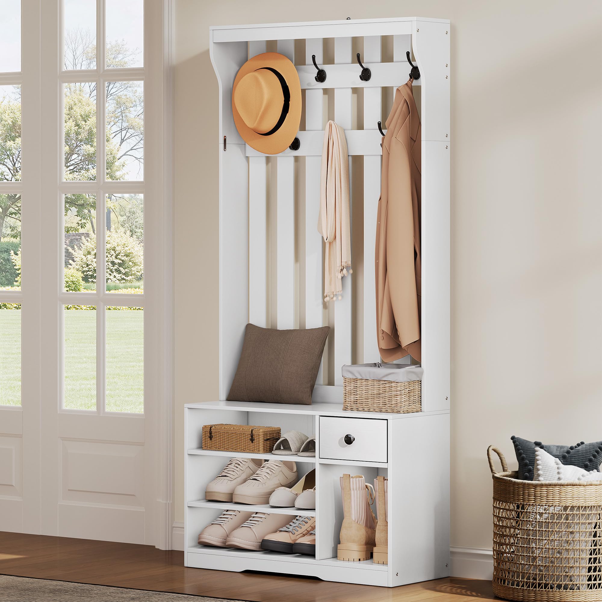 YITAHOME Appendiabiti, Appendiabiti da Terra con Scarpiera, Mobile Ingresso con 7 Ganci e Panca Contenitore, Mobili da Ingresso per Corridoio, Cassetto in tessuto, 80x35x180 cm, Bianco