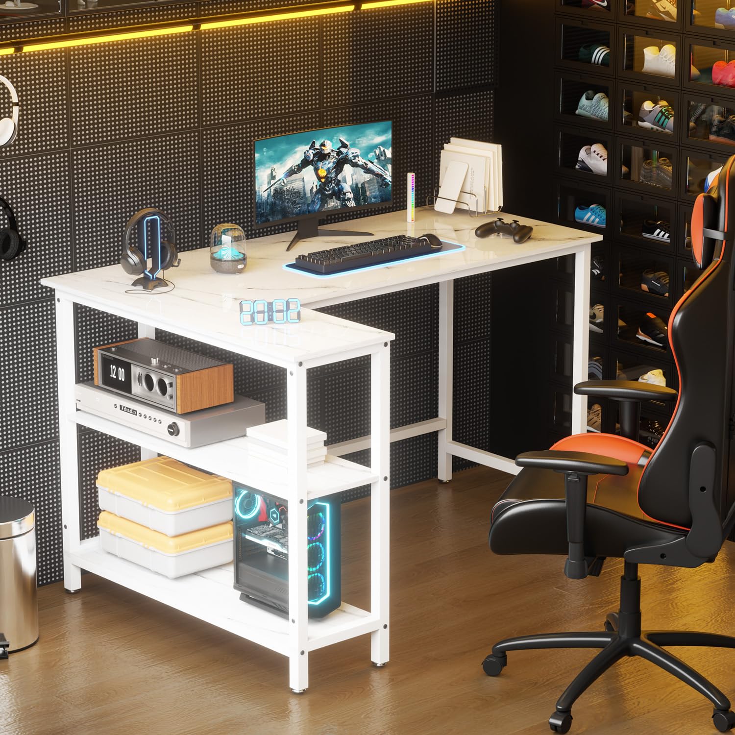 WOODYNLUX L-Shaped Computer Desk in white, showcasing its design in a home office environment.