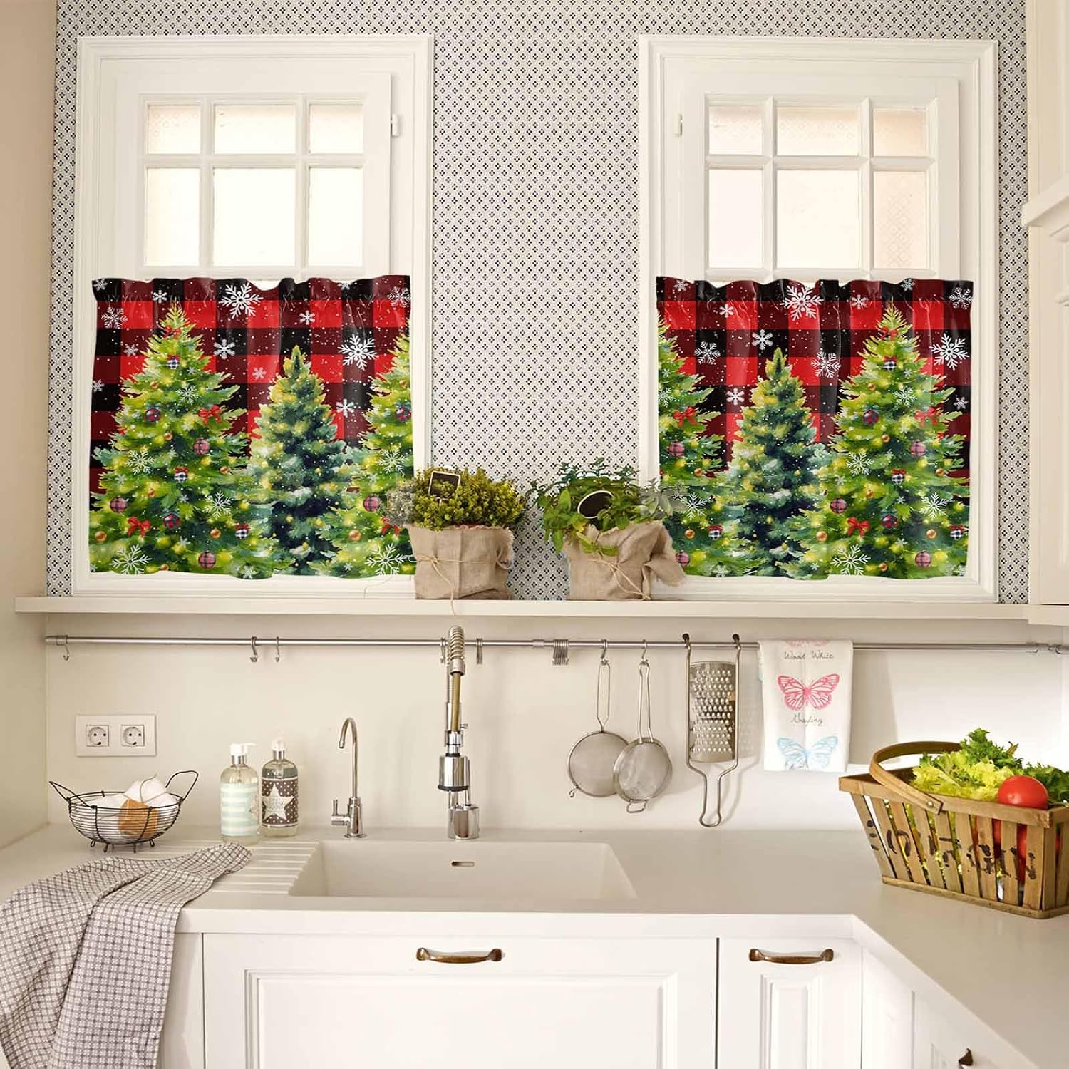 Christmas Snowflakes Kitchen Curtains,Xmas Winter Green Pine Trees Red Buffalo Plaid Light Filter Window Curtain Panels,2Pcs Rod Pocket Window Treatments Set for Living Room Bathroom Bedroom 52''x72''
