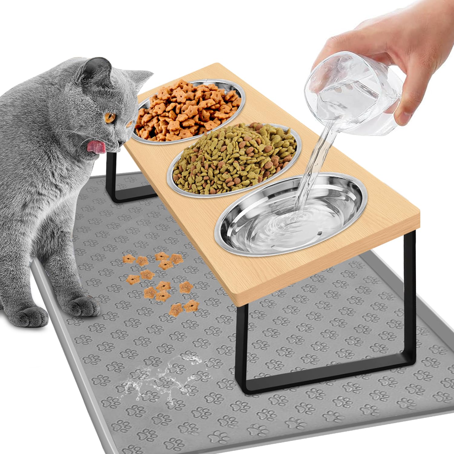 Duscdesp 3 in 1 Stainless Steel Cat Bowl with Stand, Tilted, Detachable Raised Bowl for Food and Water, Cat Food Mat
