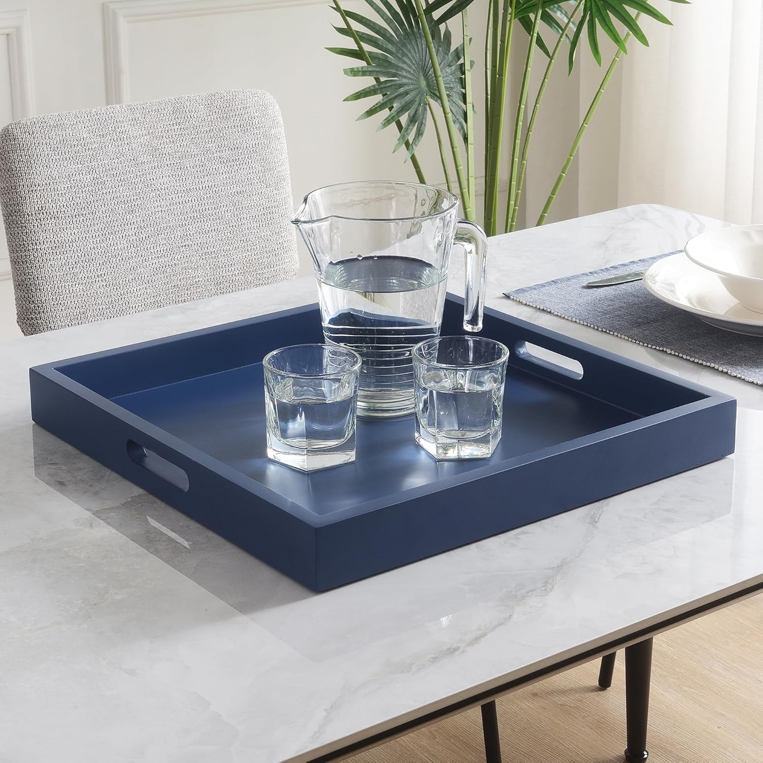 Pemberly Row Square Wood Serving Tray, 16.63 in, Painted Blue Finish, Cut-Out Handles, Reversible Design, Decorative and Functional Tray for Home or Entertaining Use