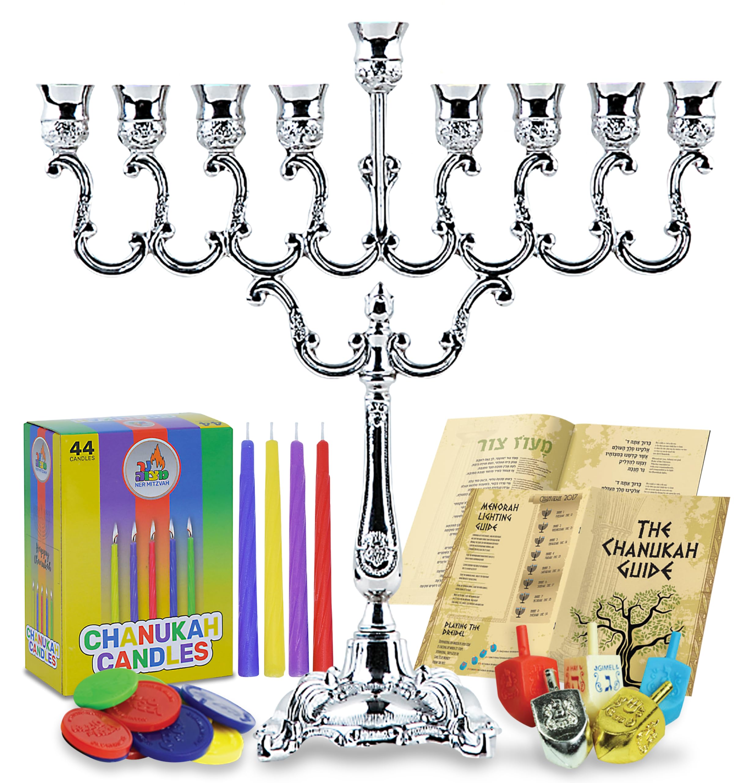 Ner Mitzvah Hanukkah Menorah Complete Set - Menorah - Candles - Dreidels - Chanukah Guide