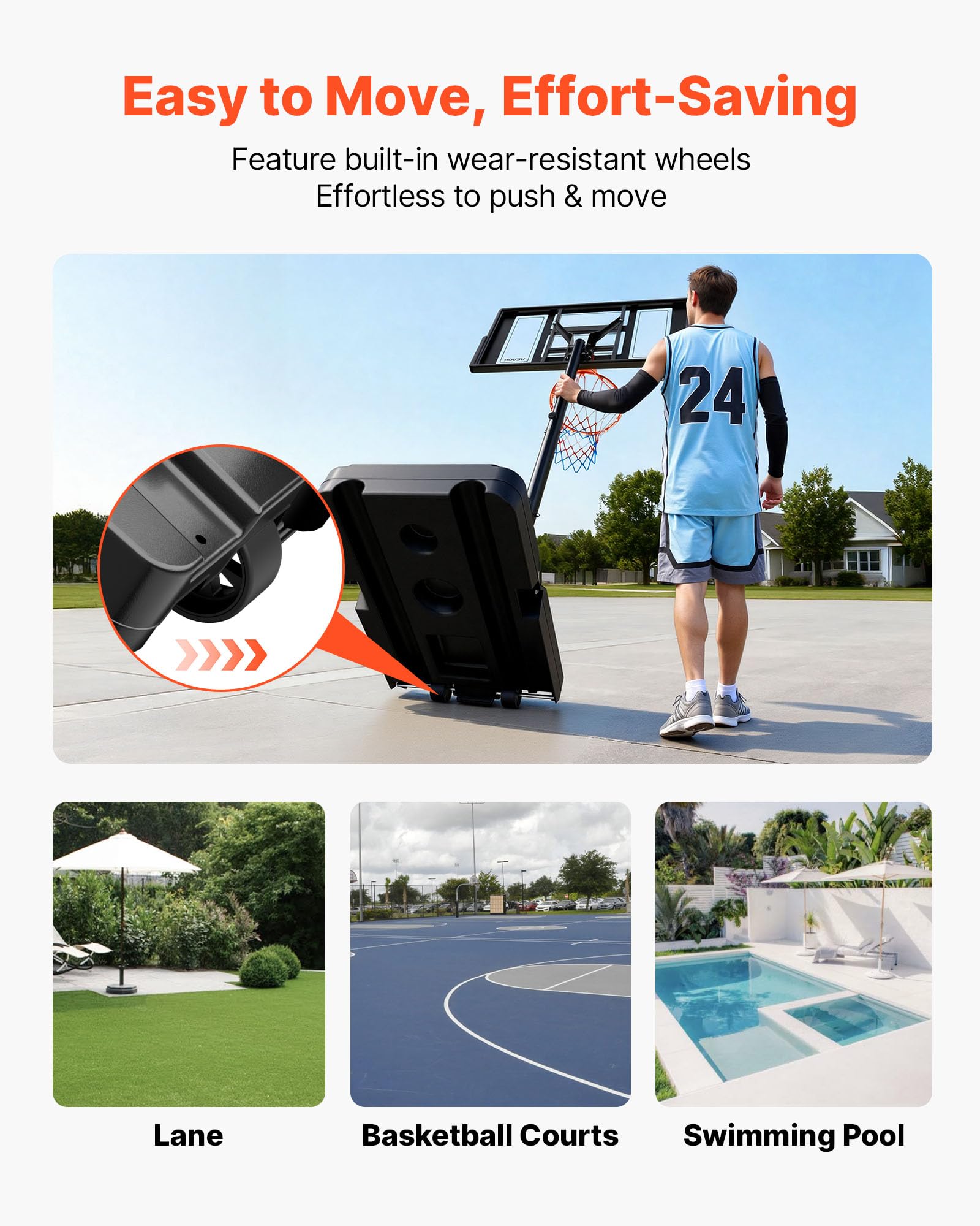 VEVOR Canestro da Basket da Esterno con Piedistallo Regolabile in Altezza Fino a 3,05 m con Ruote e Tabellone in PC da 1117,6 mm, Set di Tabelloni, Sistema di Canestro da Basket per Cortili, Piscine