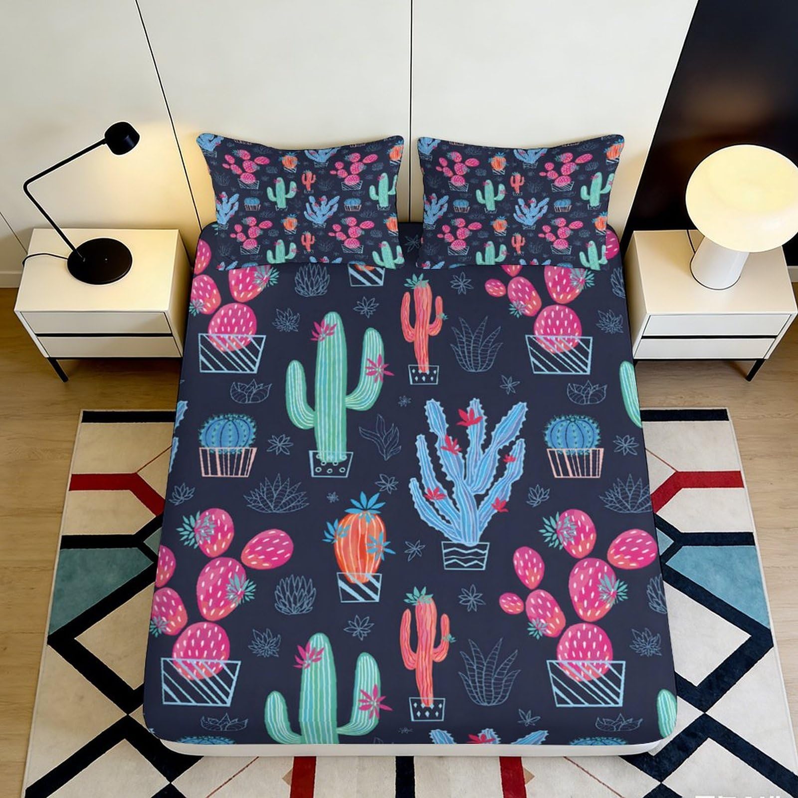 Pnayamiorkfel Style-10 3D Printed Cactus Garden Fitted Sheet Microfiber Soft Breathable Succulent Bed Cover For Bedroom Dorm Decor 90X200x25cm