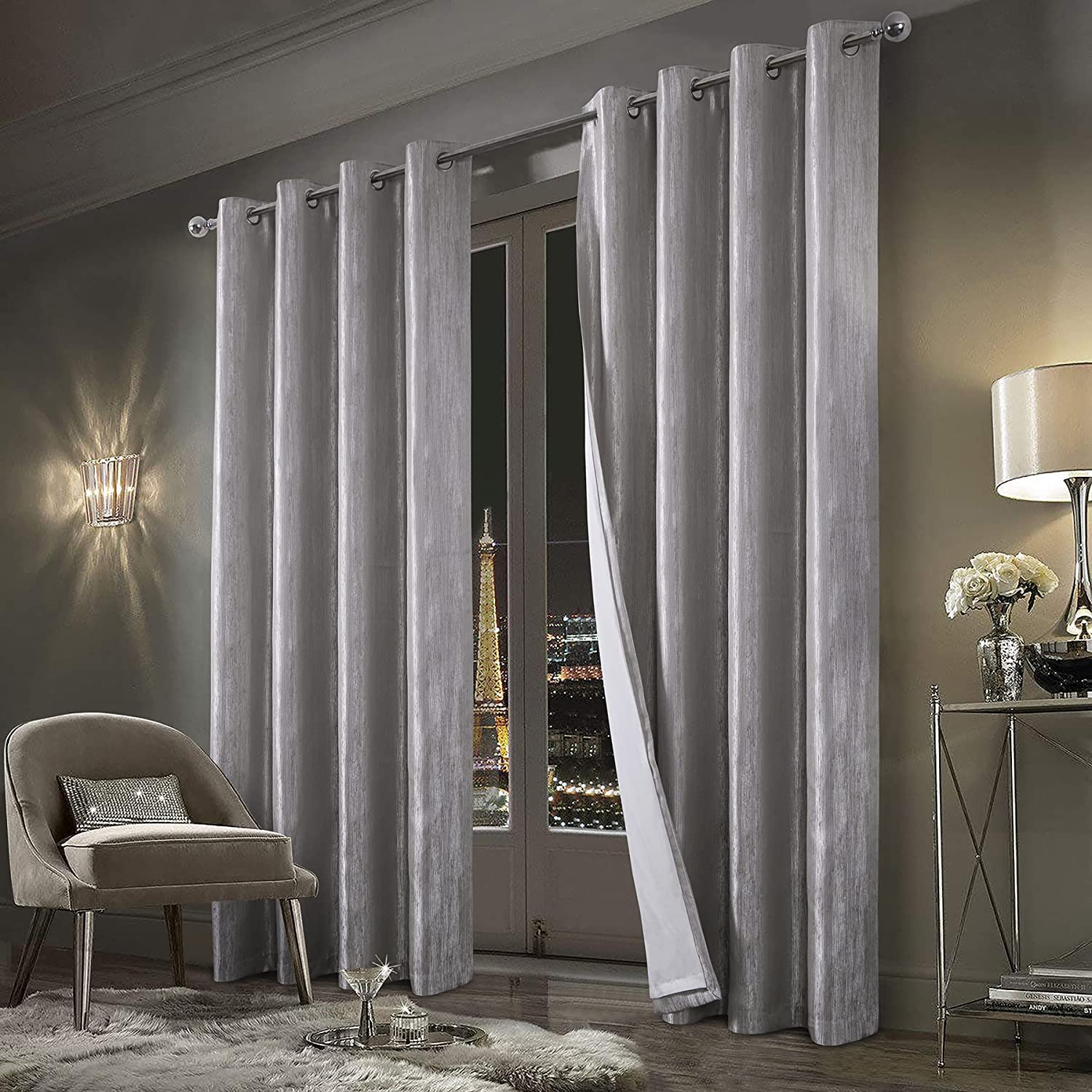 always4u Textured Jacquard Curtains Eyelet Fully Lined Room Darkening Window Drapes for Living Room Home Decoration Pair of Silver 66x72 Inches