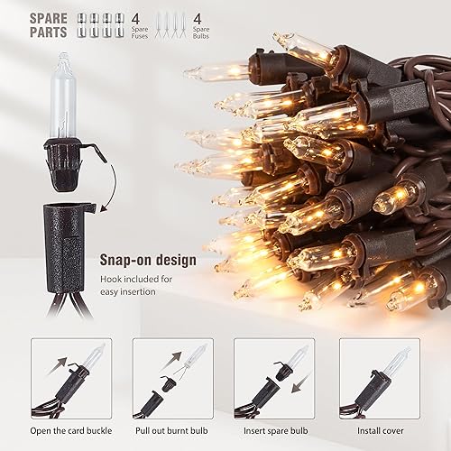 Miniatura 2 de YOUNGAR 50 luces de Navidad transparentes para exteriores, luces de árbol de Navidad aprobadas con cable marrón, mini luz incandescente enchufable