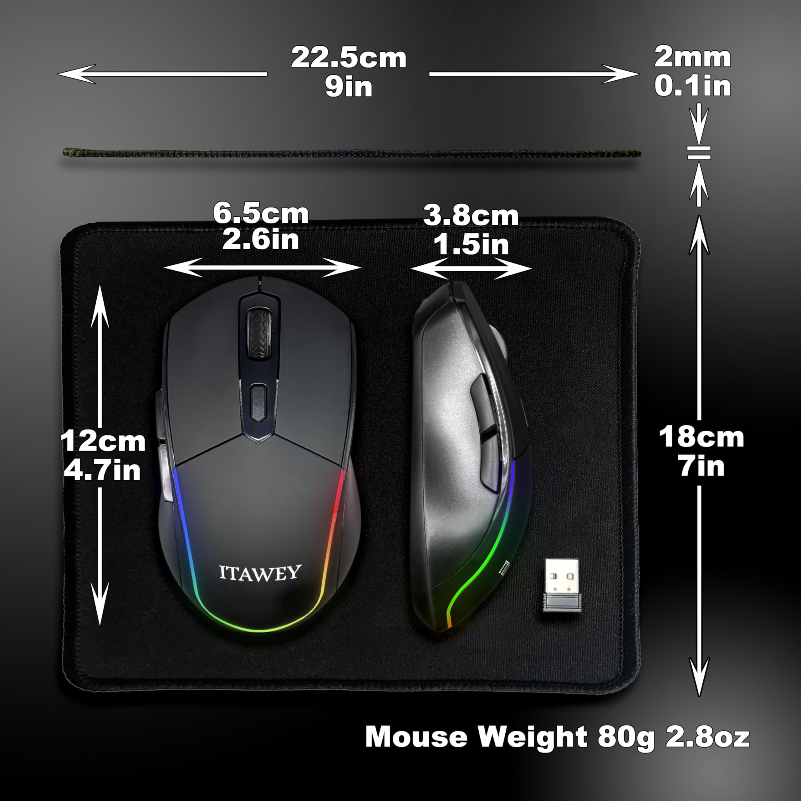 Mouse senza fili con LED a colori, Bluetooth 5.2 Dual Mode e ricevitore USB 2.4G, 6 pulsanti, ricaricabile, silenzioso, alta precisione con 3200 DPI, PC, laptop, tablet, nuovo modello