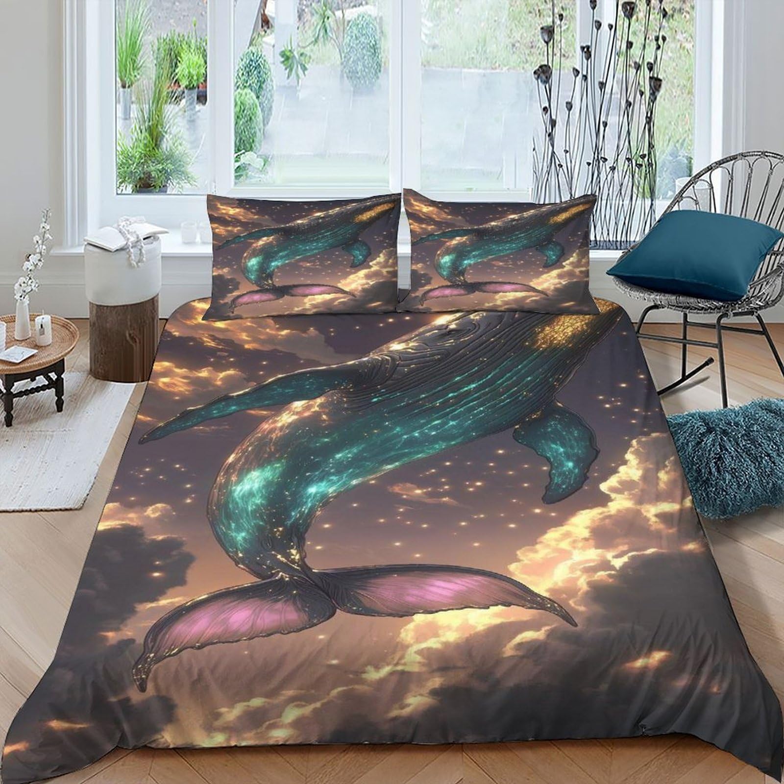 Whale Starry Sky Bedding Set Theme Bedspread Animal Theme Wildlife Marine Animal Duvet Cover Set Microfiber Comforter Cover Suitable for Family,couple,children with Pillow King（220x240cm）
