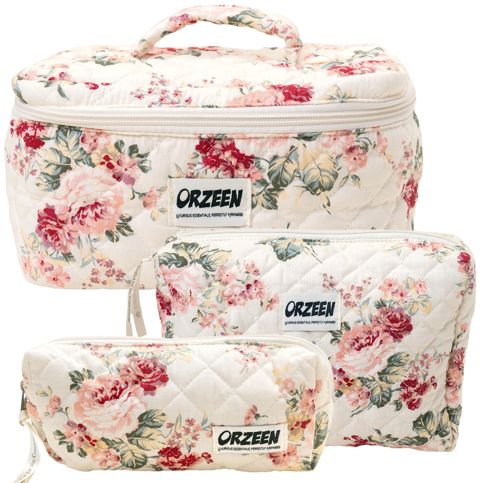Orzeen 3Pcs Floral Quilted Makeup Bags - Makeup Bags for Women - Cotton Make Up Bag Set - Makeup Bag Floral & Toiletry Organizer - Fashionable Trendy Makeup Box & Caboodle, Gift for Girls & Women