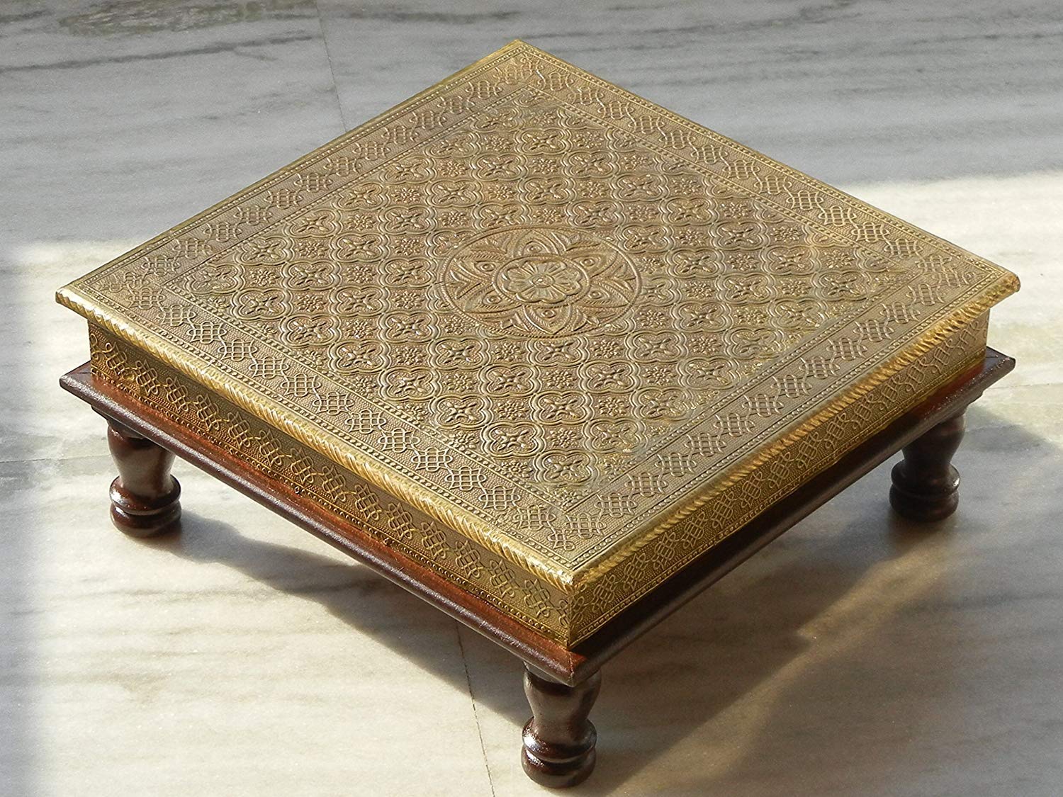 Shivay Arts Wooden Brass Ethnic Handmade Chowki Bajot Table (12 x 12 x 6.25 Inches)