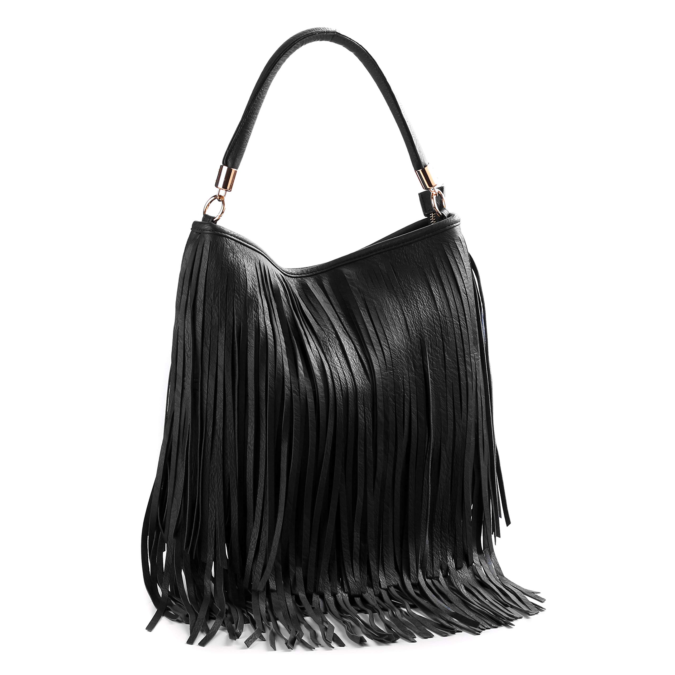 WEDMAY - Bolso de hombro de piel sintética suave con flecos y borlas para mujer, Estilo 1 - Negro, Large