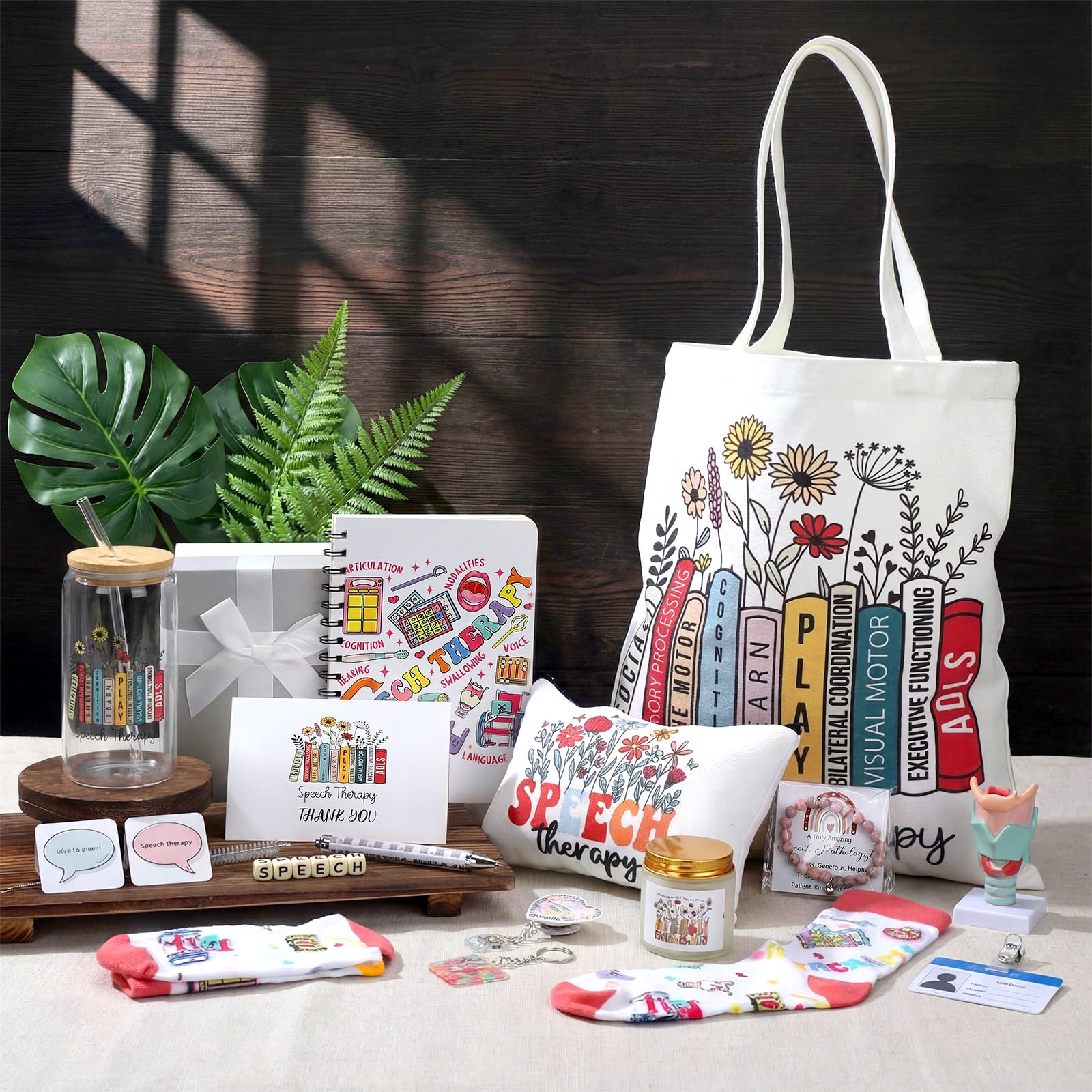 Remerry 12 Pcs Speech Language Pathologist Gifts for Women SLP Appreciation Gifts Set Includes Tote Bag Cosmetic Bag Glass Cup Candle Notebook Bracelet Badge Holder for Graduation Teacher Coworker