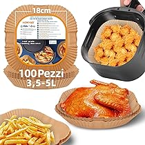 HONYAO 18×18 cm Fogli di Carta Forno per Friggitrice ad Aria 3,5-5 L,100 Pezzi Antiaderente Usa e Getta Carta Pergamena, Impermeabile Antiolio Accessori per Air Fryer – Quadrato
