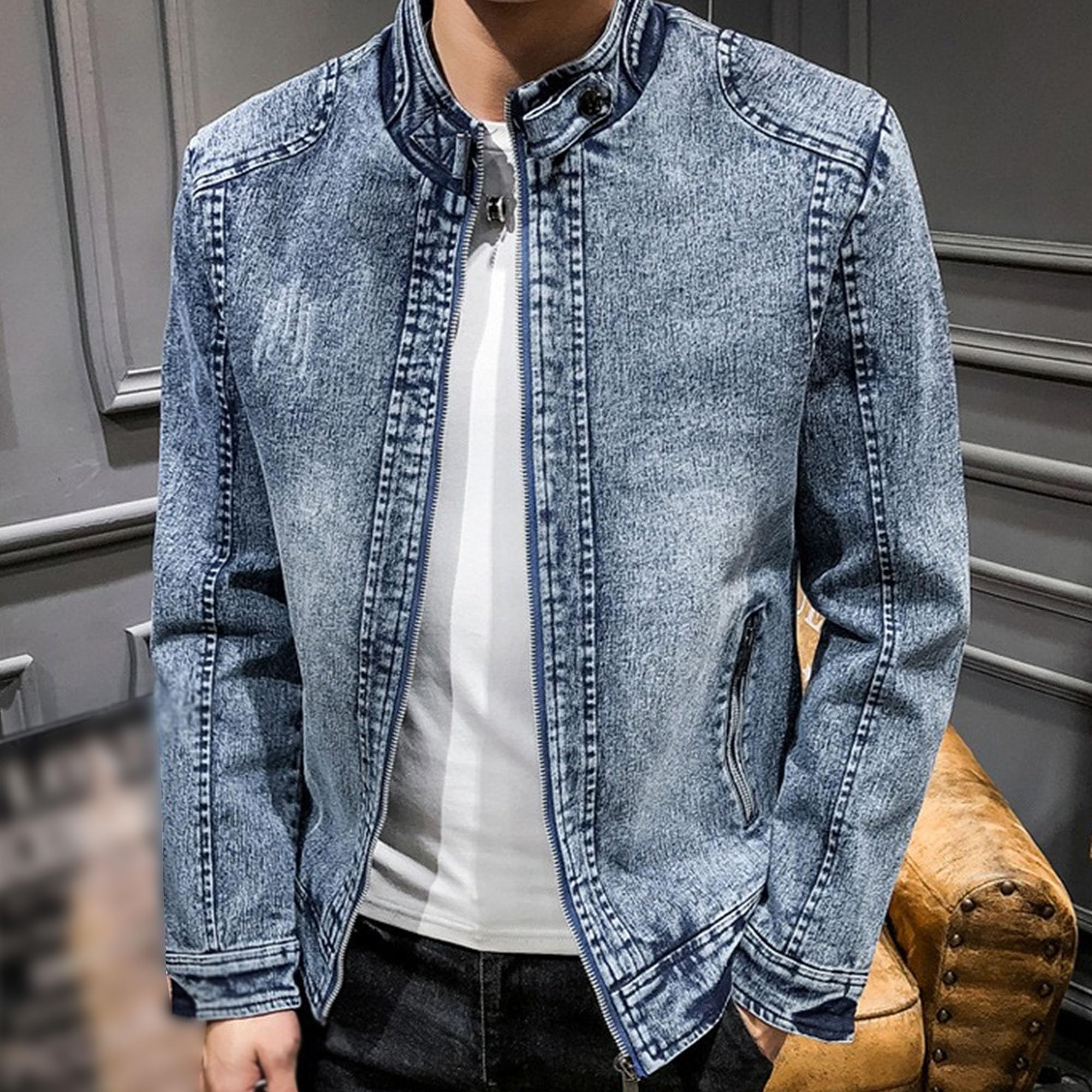 Veste de moto rétro en jean avec col montant et fermeture éclair intégrale
