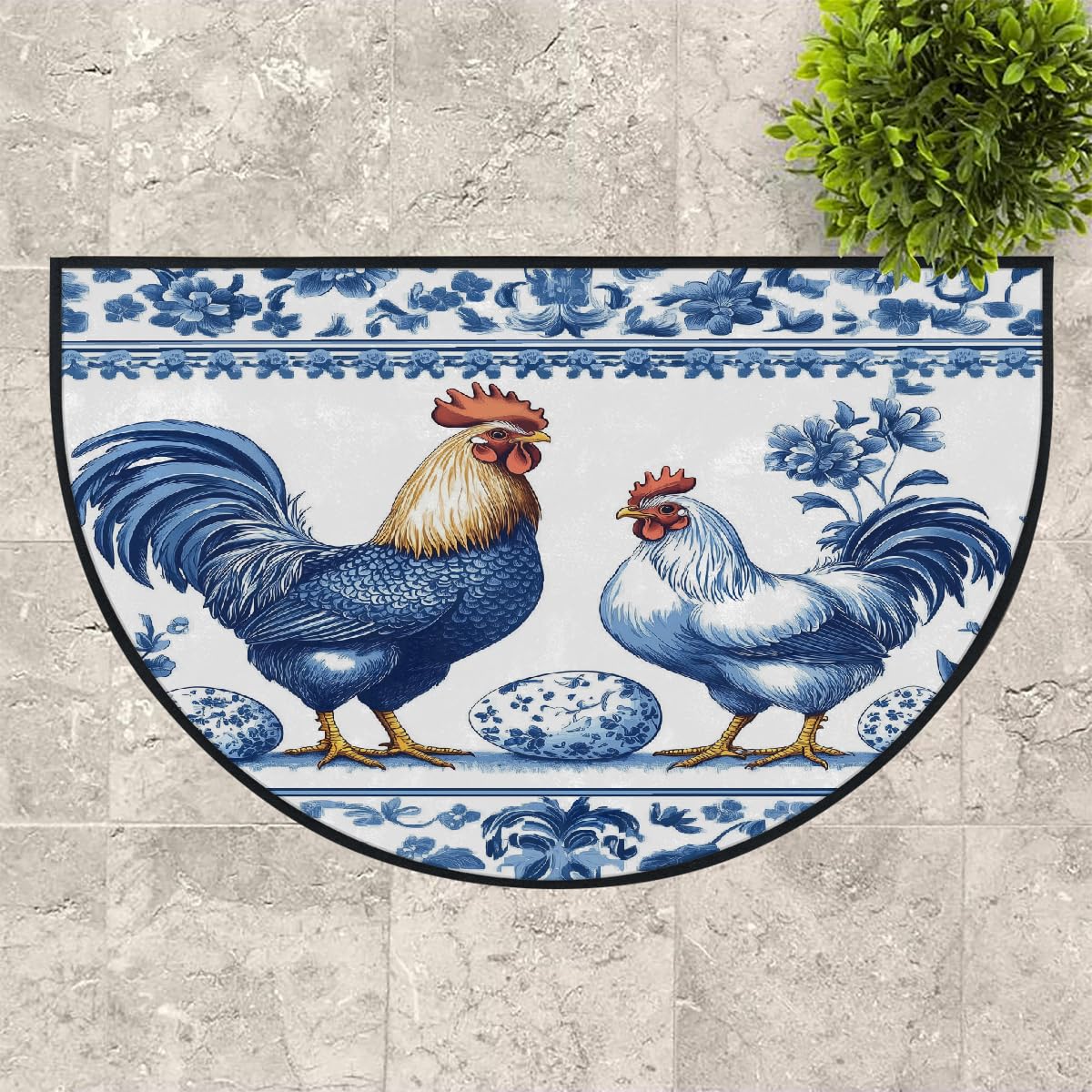 Mexpekil Paillasson demi-rond antidérapant lavable en demi-lune avec motif coq, poule et motif floral bleu, 100 x 160 cm