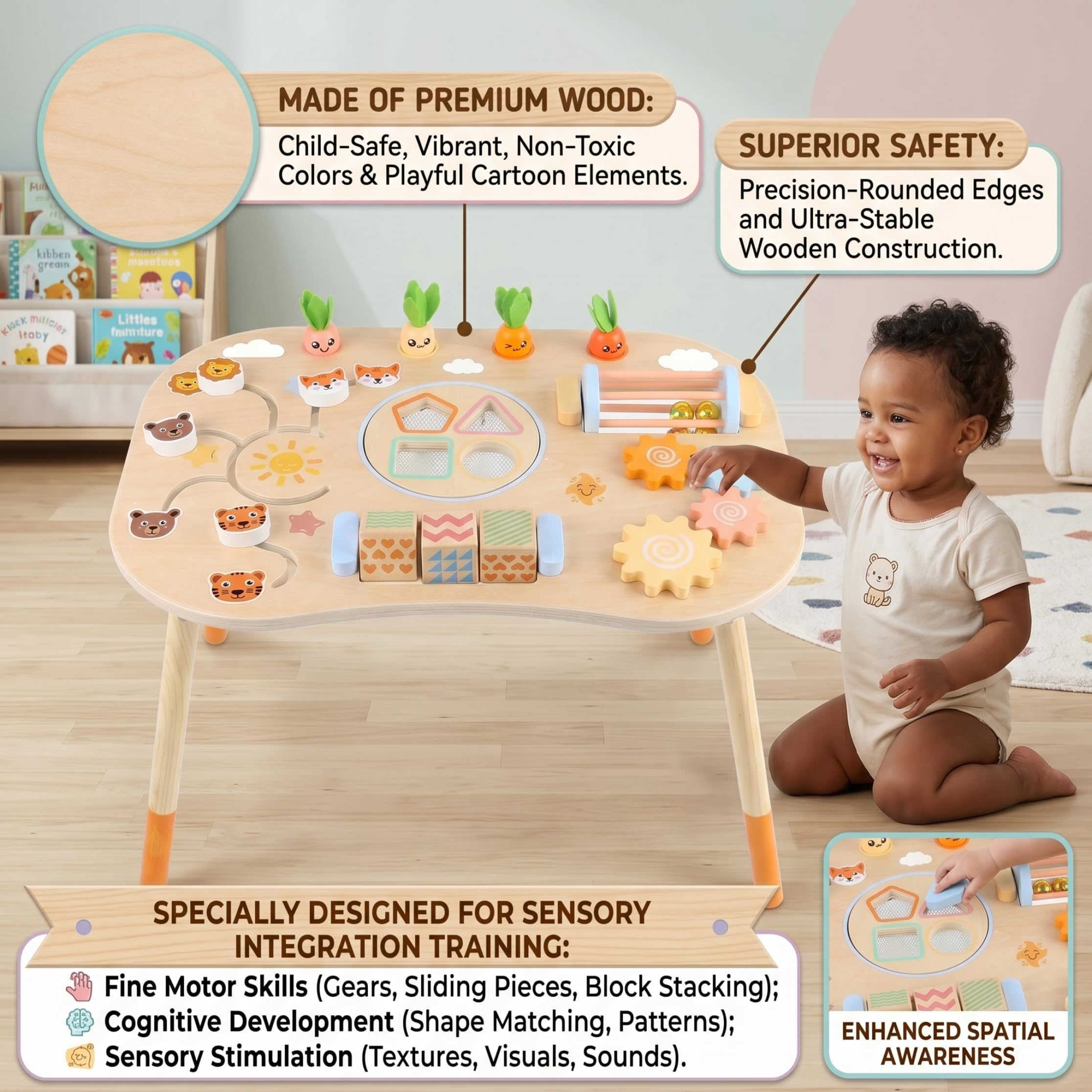 Tavolo da attività per Bambini, Tavolo da attività per Bambini, Montessori sensoriale 6 in 1 per da 1 a 3 Anni, Giocattolo in Legno per - Giallo.