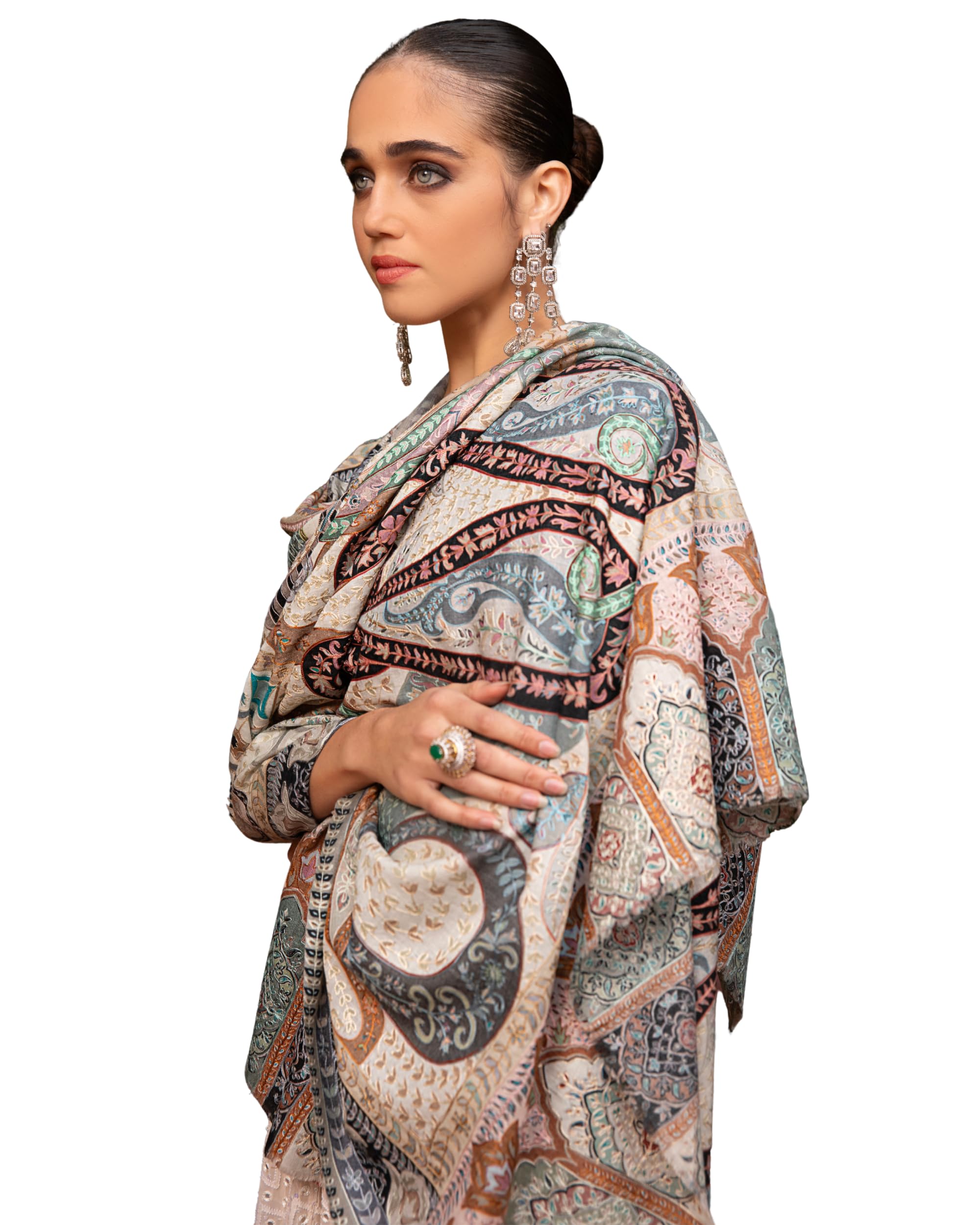 Womens Kalamkari Shawl with Hand Embroidered Outline Work, Fine Wool, Pastels, Large Size-image-44