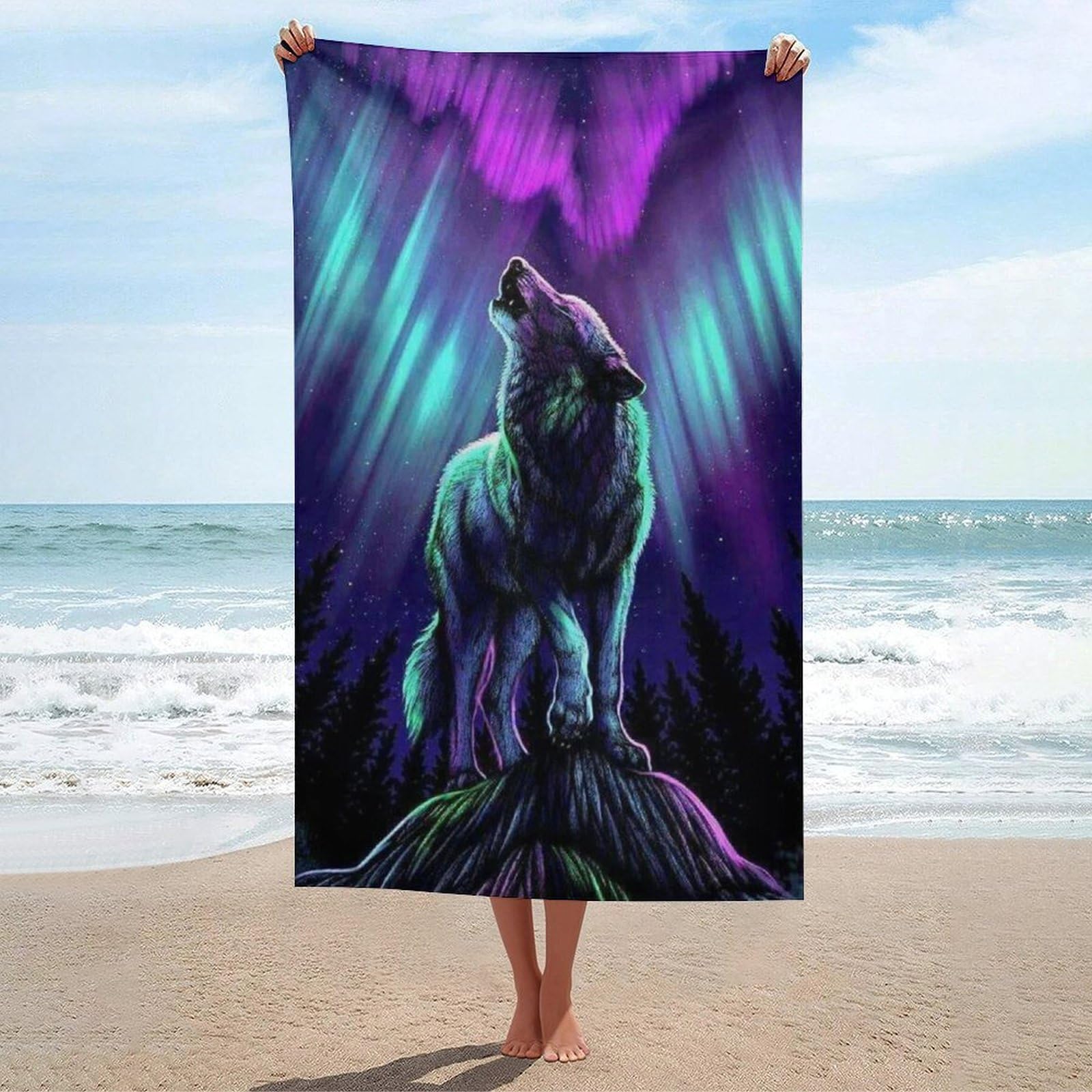 LEDFCVSU Beach Towel, Wolves Howl in The Northern Lights Bath Towel, Absorbent Towel for Swimming, Sports, Travel