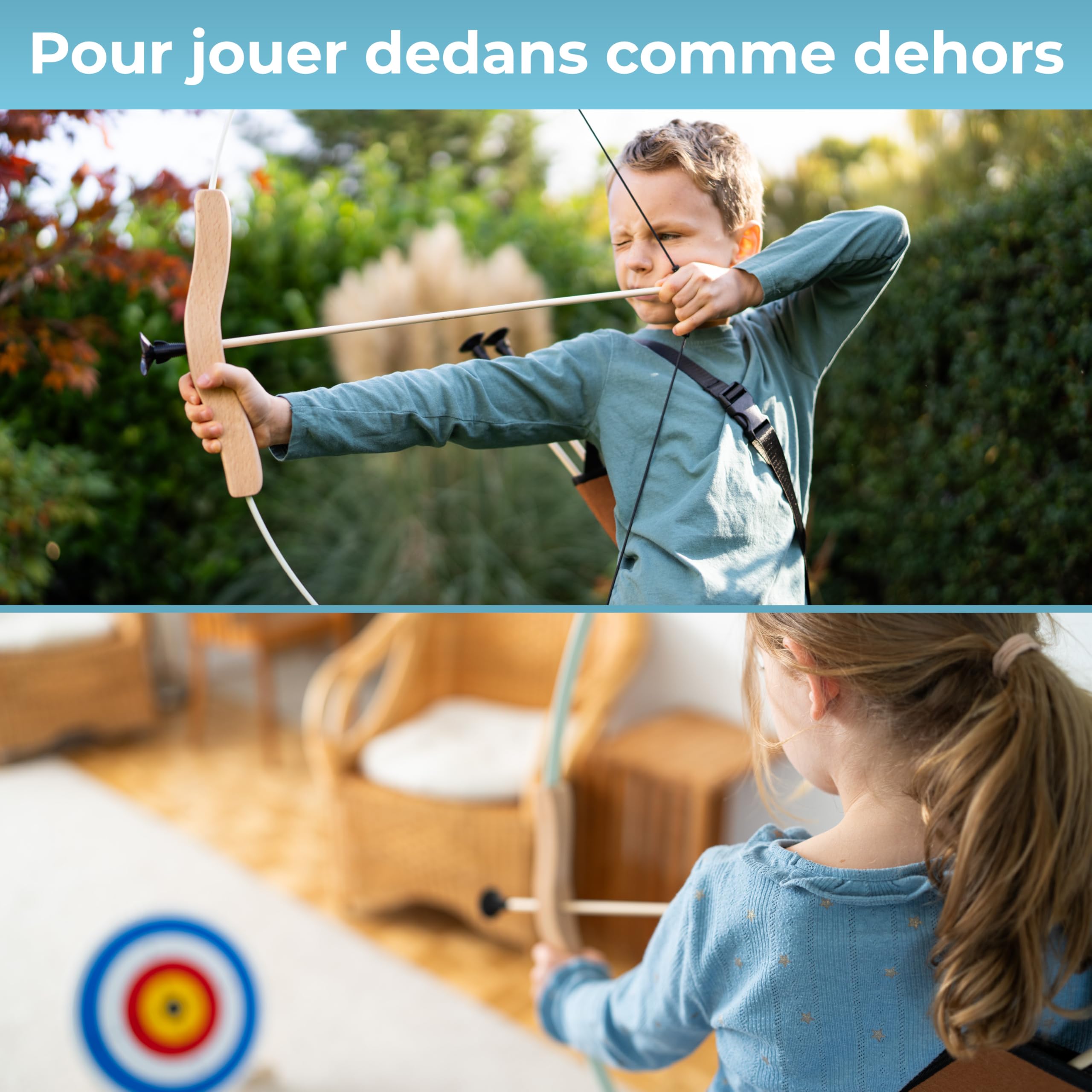 BOWRILLA® Arc et Flèches Enfant en Bois - Jouet Enfant dès 5 Ans avec 10 Flèches, Carquois, 3 Cibles et Sac