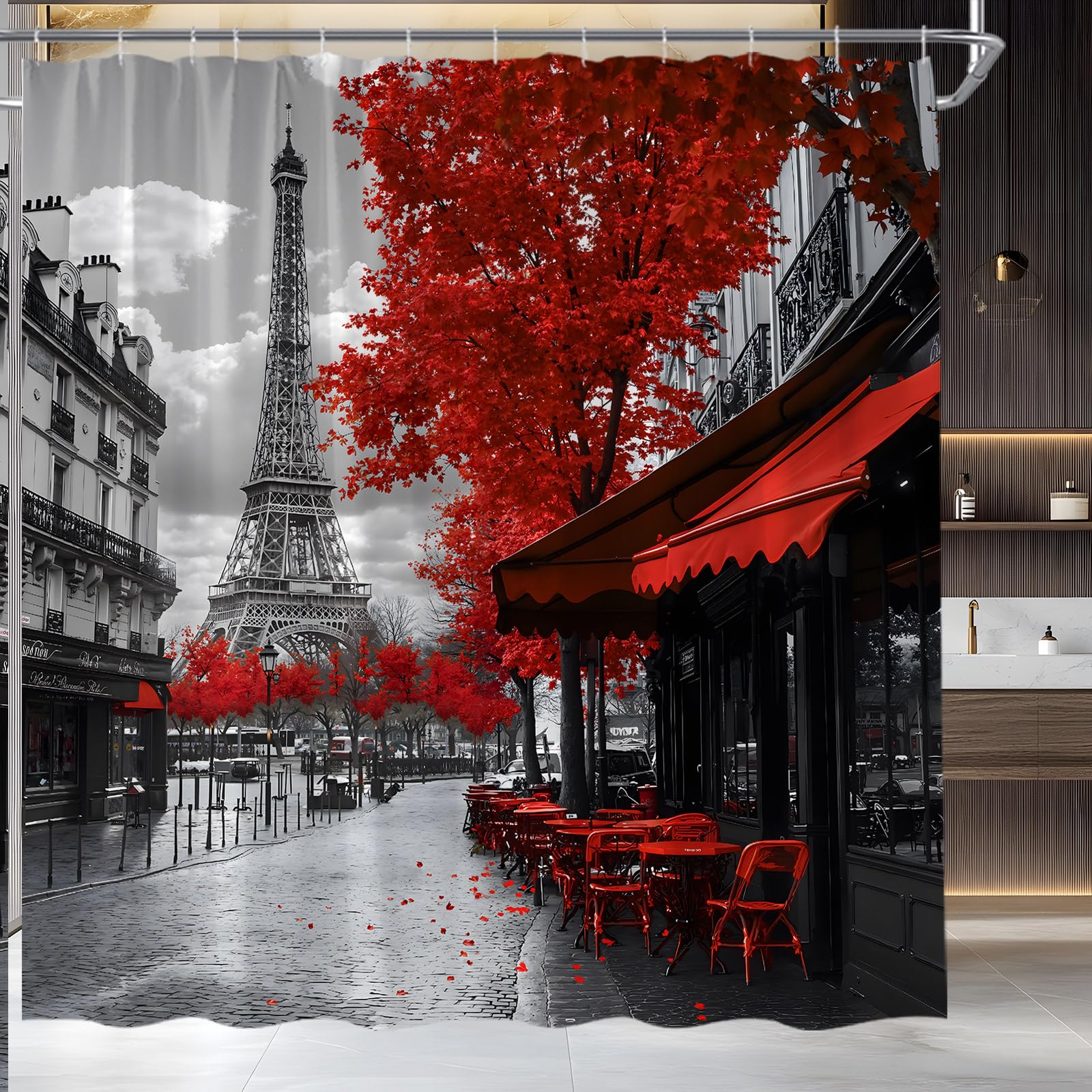 Paris Eiffel Tower Shower Curtain European Street City Scenery Red Grey Vintage Coffee Shop French Romantic Oil Painting Landscape Bathroom Curtain