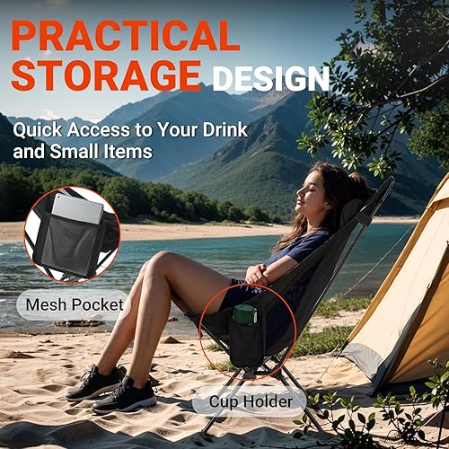 Miniatura 8 de Overmont Silla de camping portátil de respaldo alto, soporte de 440 libras, silla plegable ligera de gran tamaño para adultos, compacta con almohada