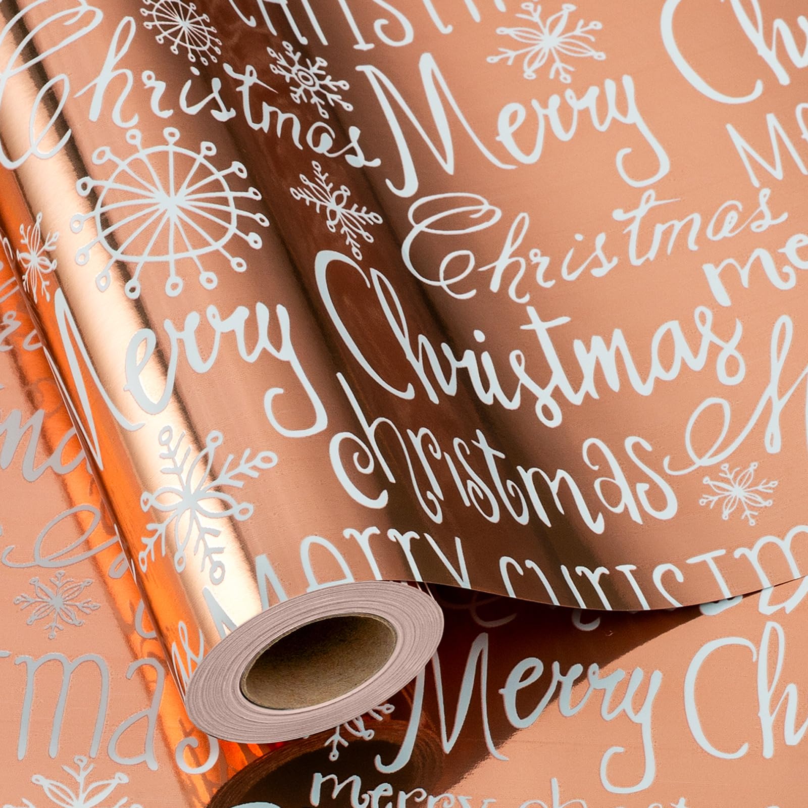 MAYPLUSS Foil Christmas Wrapping Paper - 17 Inch X 33 Feet - Girly Rose Gold MERRY CHRISTMAS Script and Snowflake Girl Winter Gift Wrap Present Paper Roll for Christmas, Holiday, Festive Decoration โ image 1