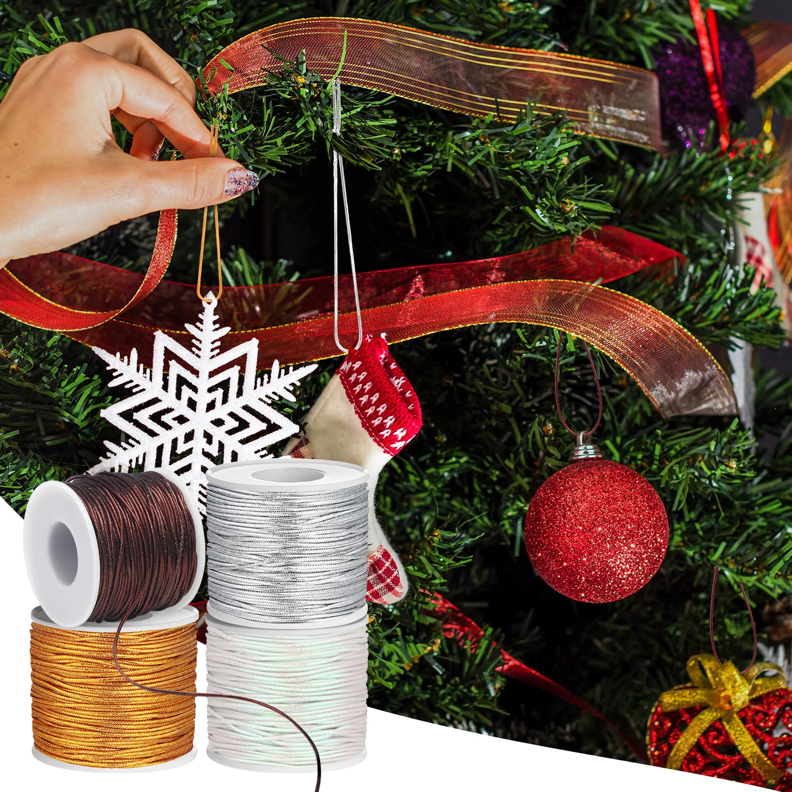 Metallic Tinsel Elastic Cord - 3 Rolls (Gold & Silver) For Gift Wrapping & Jewelry Making