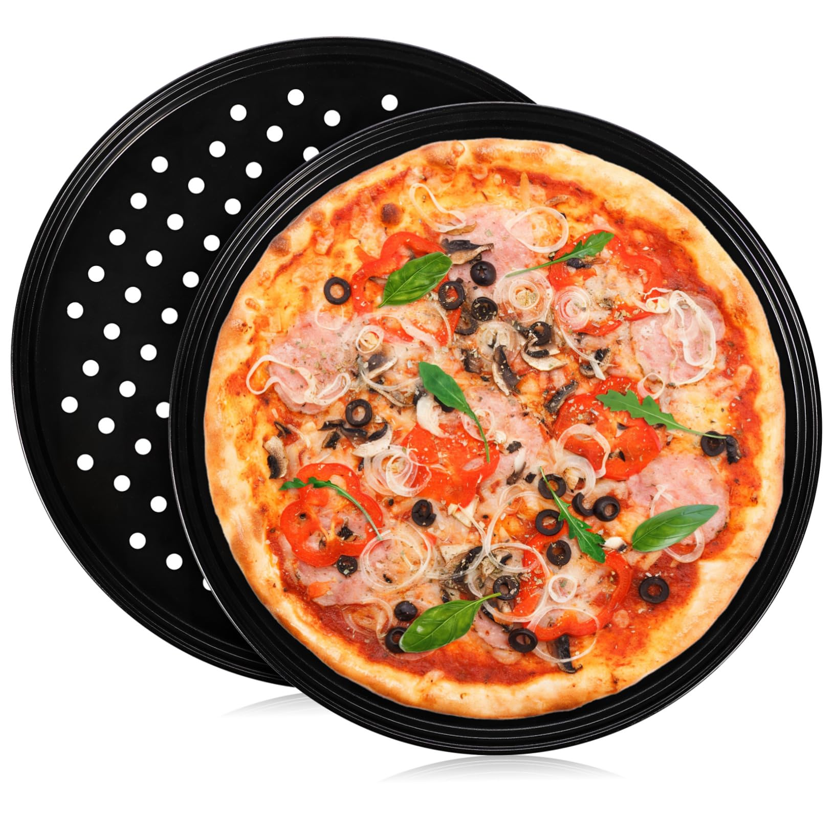 IMIKEYA Schwarzes Backzubehör 2 Stück-pack aus Kohlenstoffstahl Rundes Pizzablech mit Löchern für Gleichmäßiges Backen 32cm für Hausgemachte Gerichte und Partys