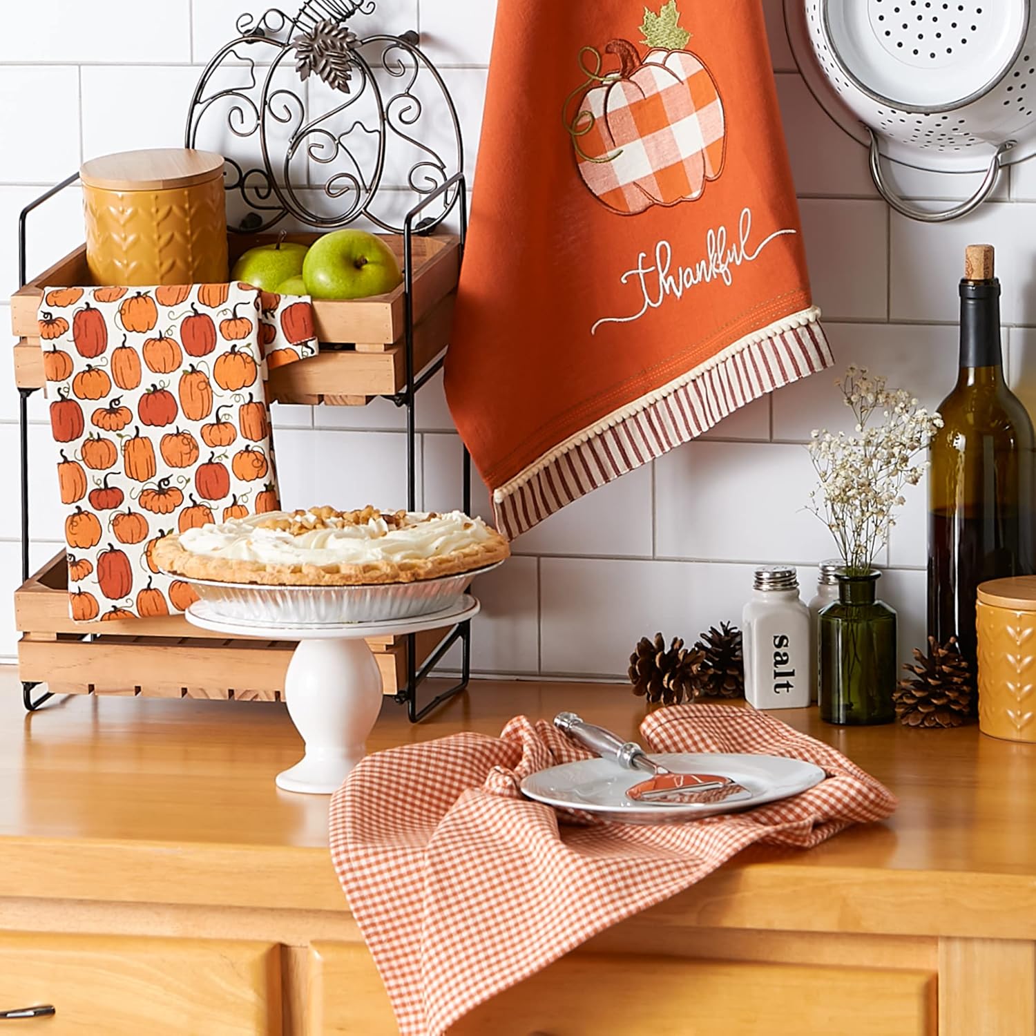 DII Pumpkin Spice Fall Kitchen Towels Collection Durable Cotton Cloth, Decorative and Absorbent, Dish Towel Set, 18x28, Thankful Check, 3 Piece