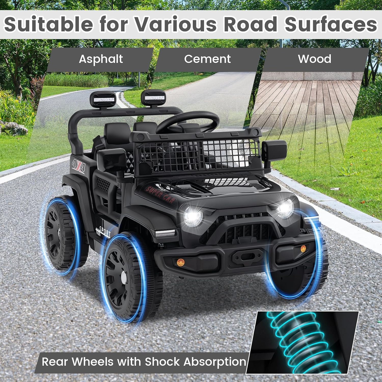 OLAKIDS 12V Ride On Truck, Battery Powered Electric Vehicle for Kids with Remote Control, Foldable Reflective Mirror, Spring Suspension, Music, LED Lights, Ride on Toy for 3+ Boys Girls (Black)