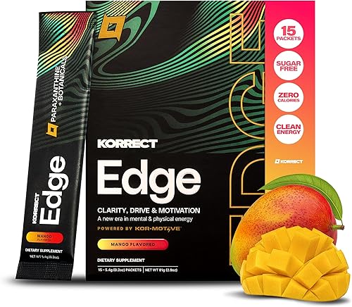 KORRECT - Polvo de borde de rendimiento mental (mango) para hombres y mujeres, enfoque y claridad mental, paraxantina, energía sin nerviosismo, sin