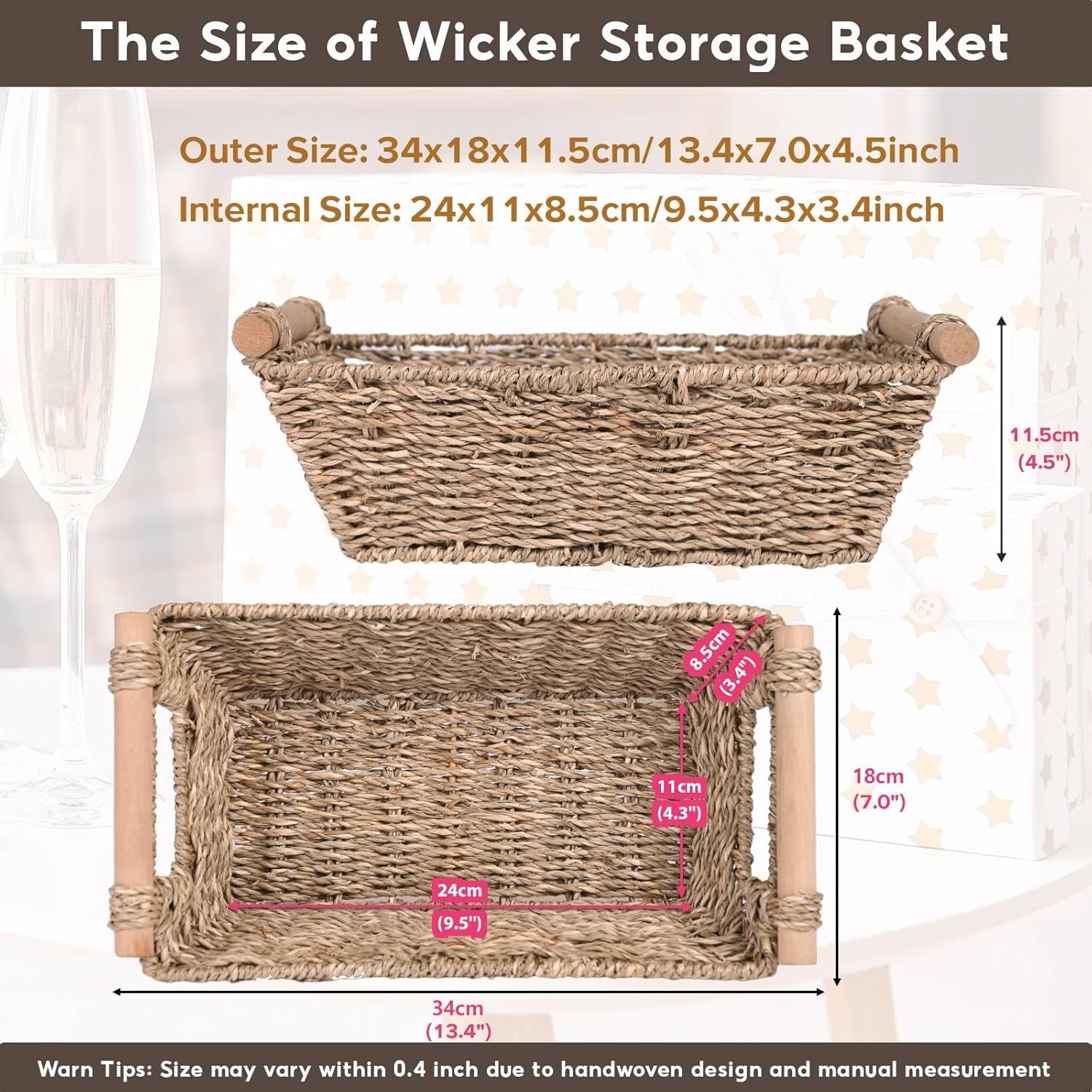 Small Wicker Baskets,small baskets for organizing,wicker storage Basket,small woven basket Seagrass Storage Baskets,Rattan Basket for Shelves Toilet Paper Basket with Handle,4 Pack