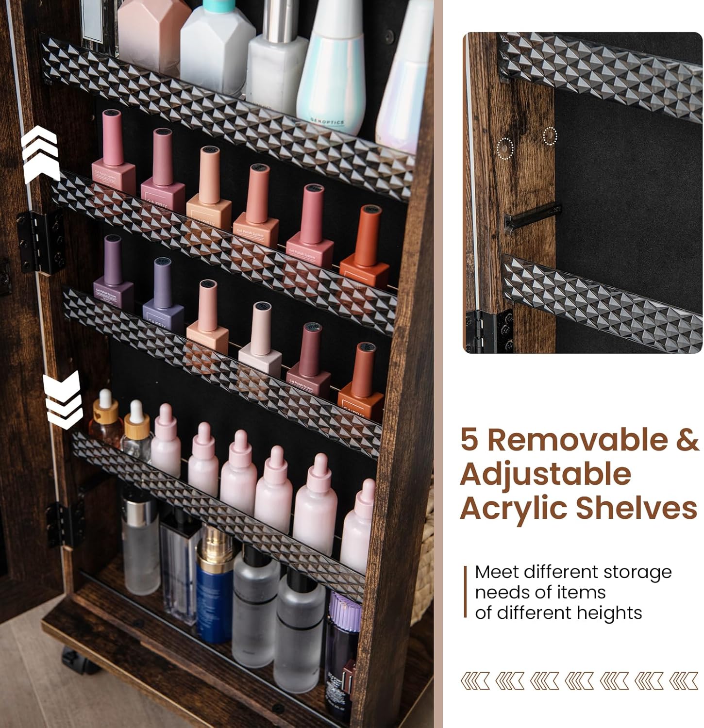 LDAILY Jewelry Armoire, Lockable Jewelry Cabinet with Wheels, 3-Color LED Lights, Full Length Mirror, Height Adjustable Shelves, Inner Mirror, Standing Jewelry Organizer for Girls Women (Rustic Brown)