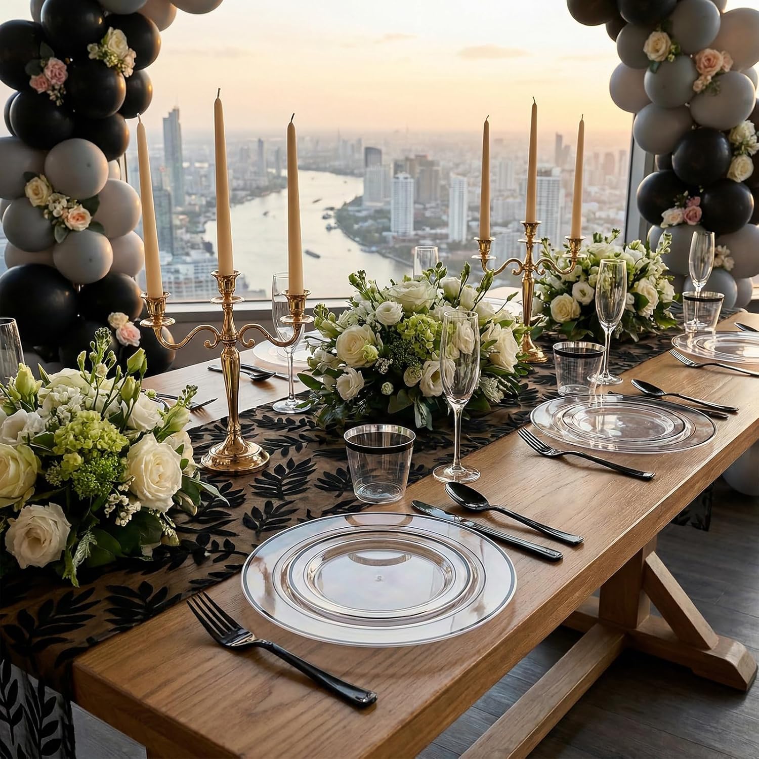 I00000 350 Pcs Black Plastic Dinnerware Set for 50 Guests Include: 50 Dinner Plates, 50 Dessert Plates, 50 Pre Rolled Napkins with Cutlery Set, 50 Cups for Birthday, Wedding Party Graduation