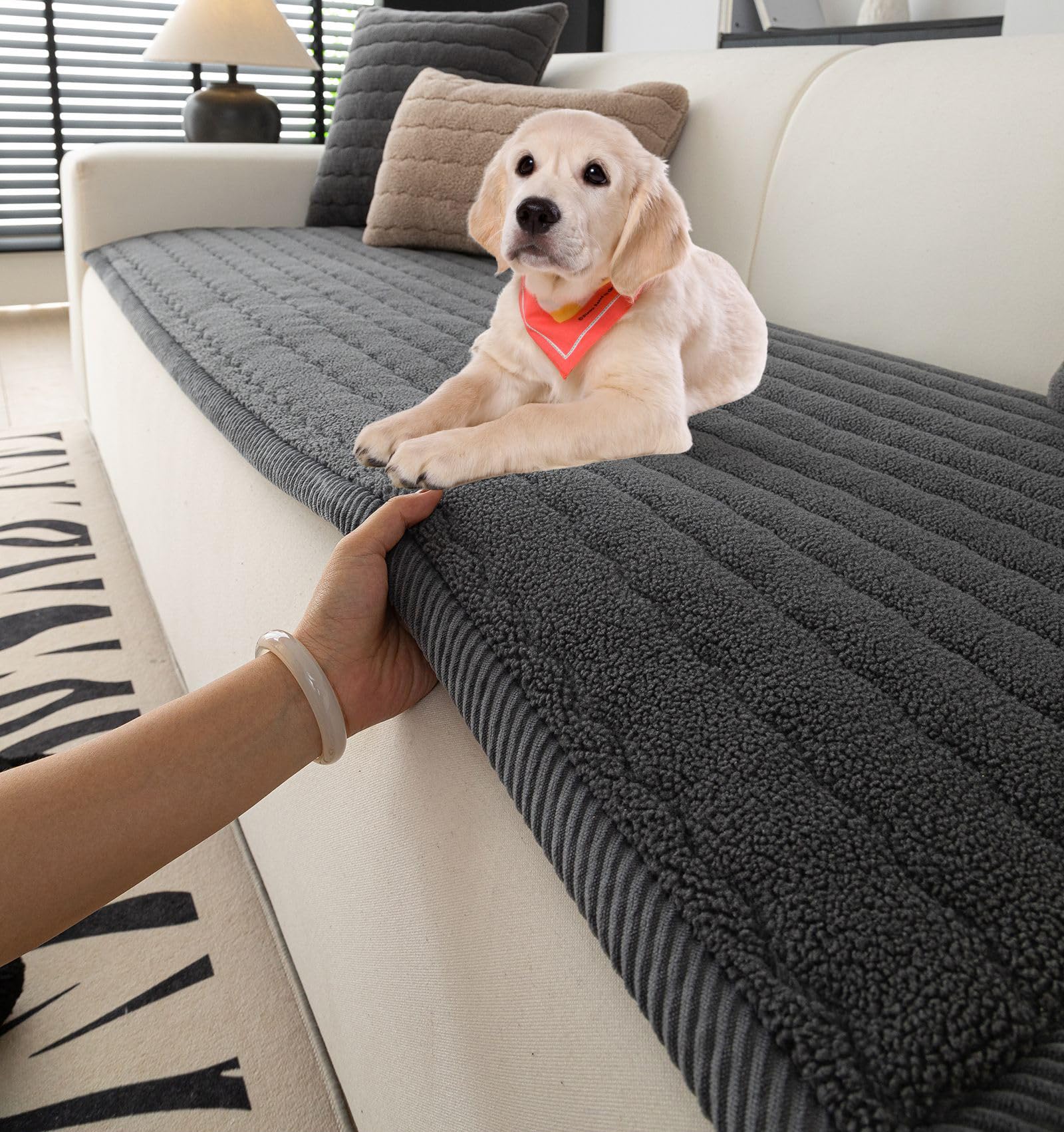 vctops Sherpa Fleece Couch Cover for Dogs Stripe Fuzzy Sectional Couch Covers Thick Plush Sofa Covers Soft Warm Non Slip Furniture Protector Sofa