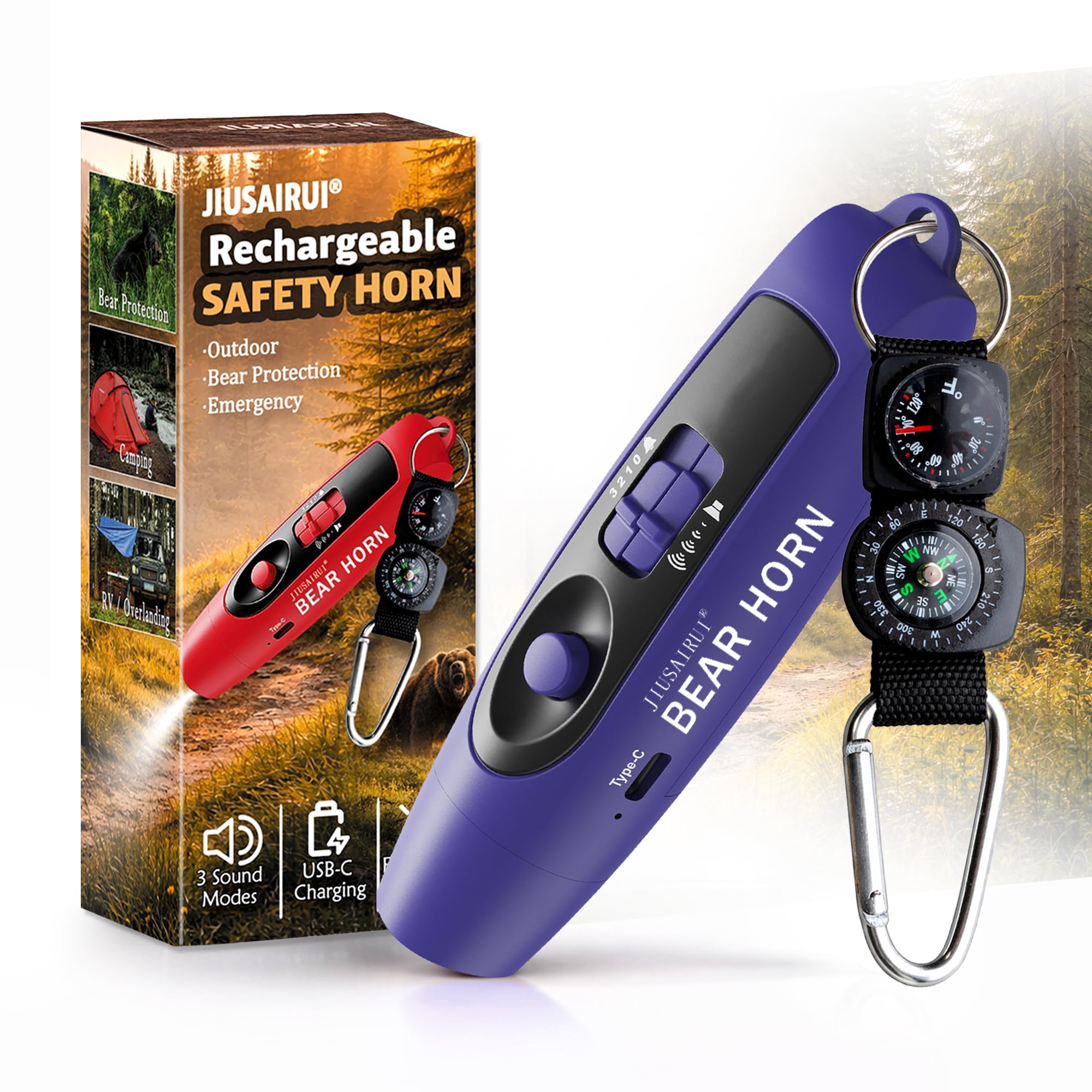 JIUSAIRUI 120dB Electronic Air Horn with Compass &amp; Thermometer- Bear Horn to Scare Bears - Self Defense for Hiking