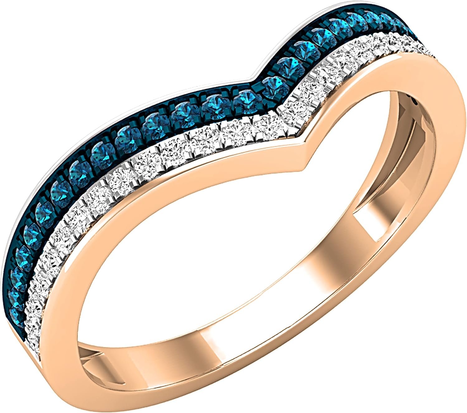 Dazzlingrock Collection 0.25 Ctw Round Blue & White Natural Diamond Women Double Row Chevron Wedding Band Enhancer Guard Ring in Real Solid Gold