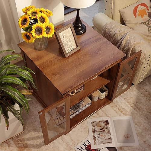 Miniatura 3 de Mesa auxiliar de granja, mesas auxiliares grandes de 24 pulgadas con almacenamiento, sofá cuadrado rústico con puerta de granero de cristal, mesa