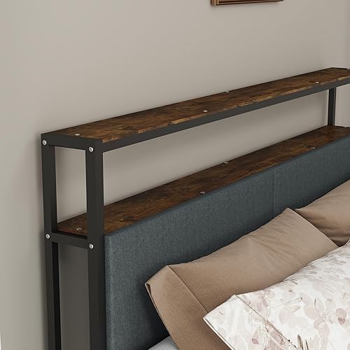 Miniatura 6 de Panana Base de cama Queen con cabecera de almacenamiento, cama de plataforma con 4 cajones, no necesita somier, fácil montaje, tela gris Tela