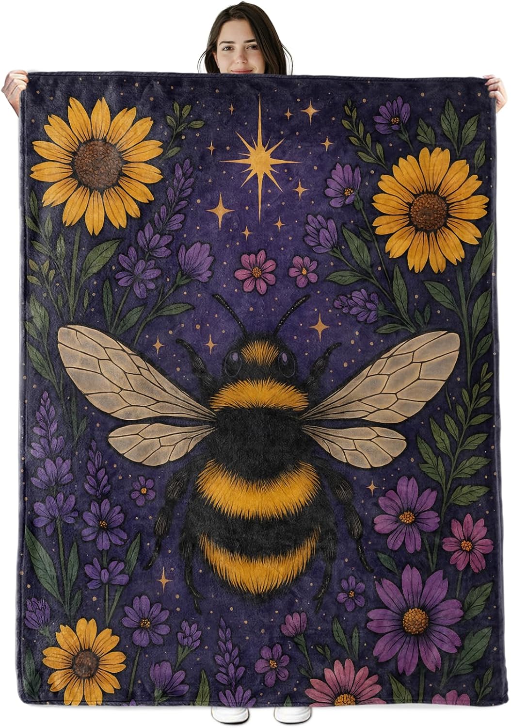 Bee Blanket Gifts for Boys Girls Kids, Floral Sunflower Starry Night Warm Soft Flannel Throw Blankets for Travel, Sofa, Living Room, Bedroom Decor, 50x60 in