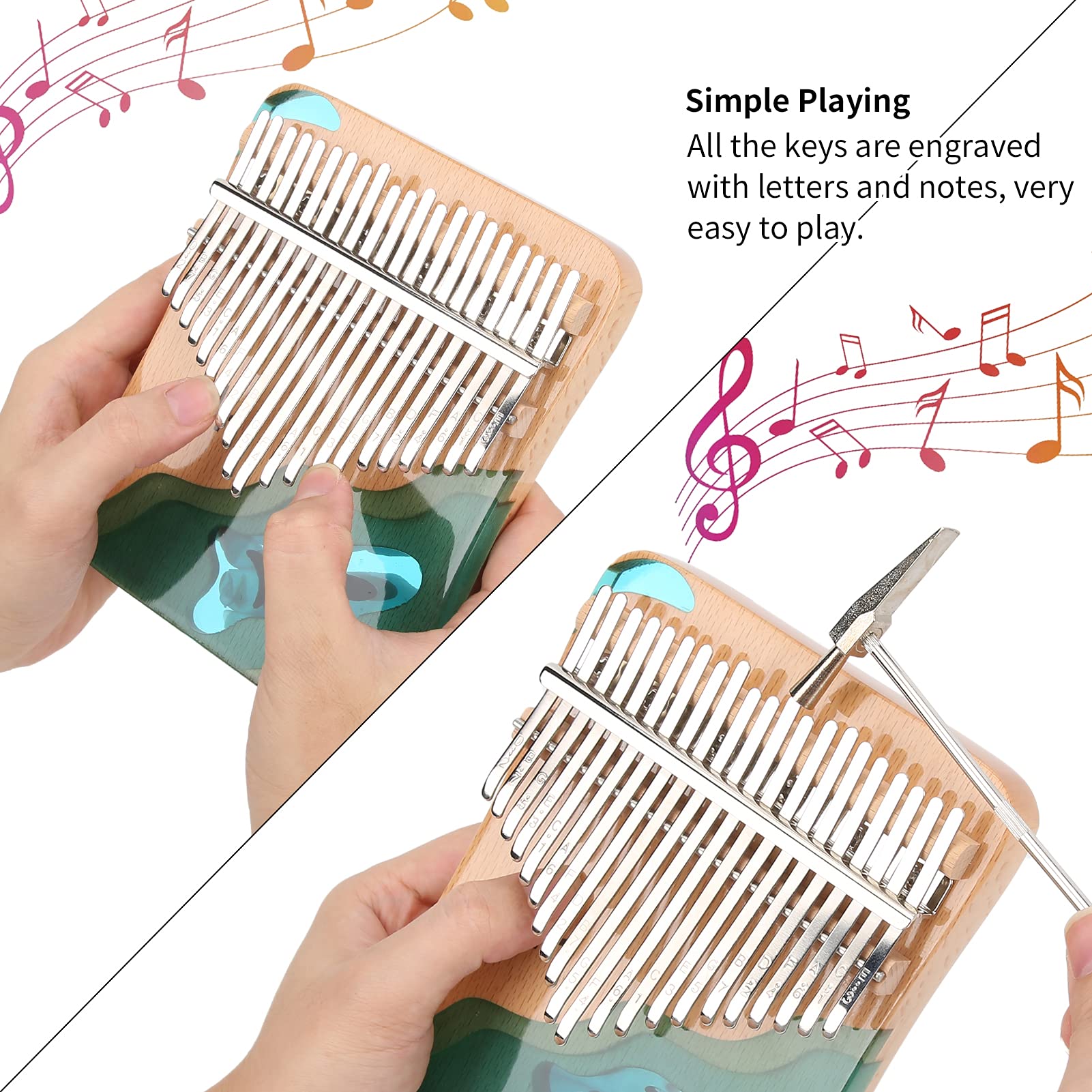 Kalimba de pulgar de 17 teclas, instrumento portátil para dedos, kit con martillo de afinación. Regalo ideal.