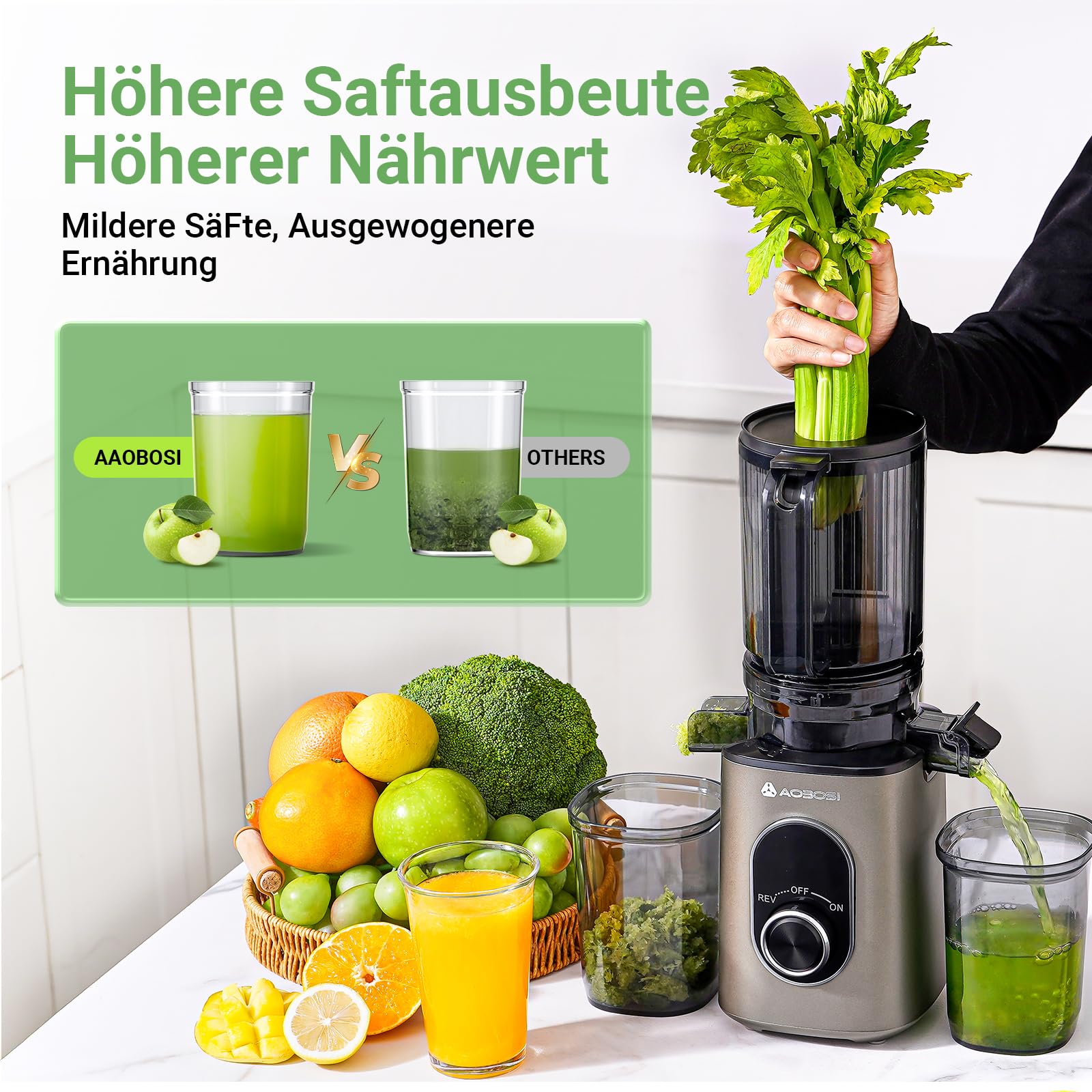 AAOBOSI SlowJuicer für Gemüse und Obst,Hohe Saftausbeute, Saftpresse Elektrisch mit Rückwärts Funktion,Leicht zu Reinigen，BPA-Frei
