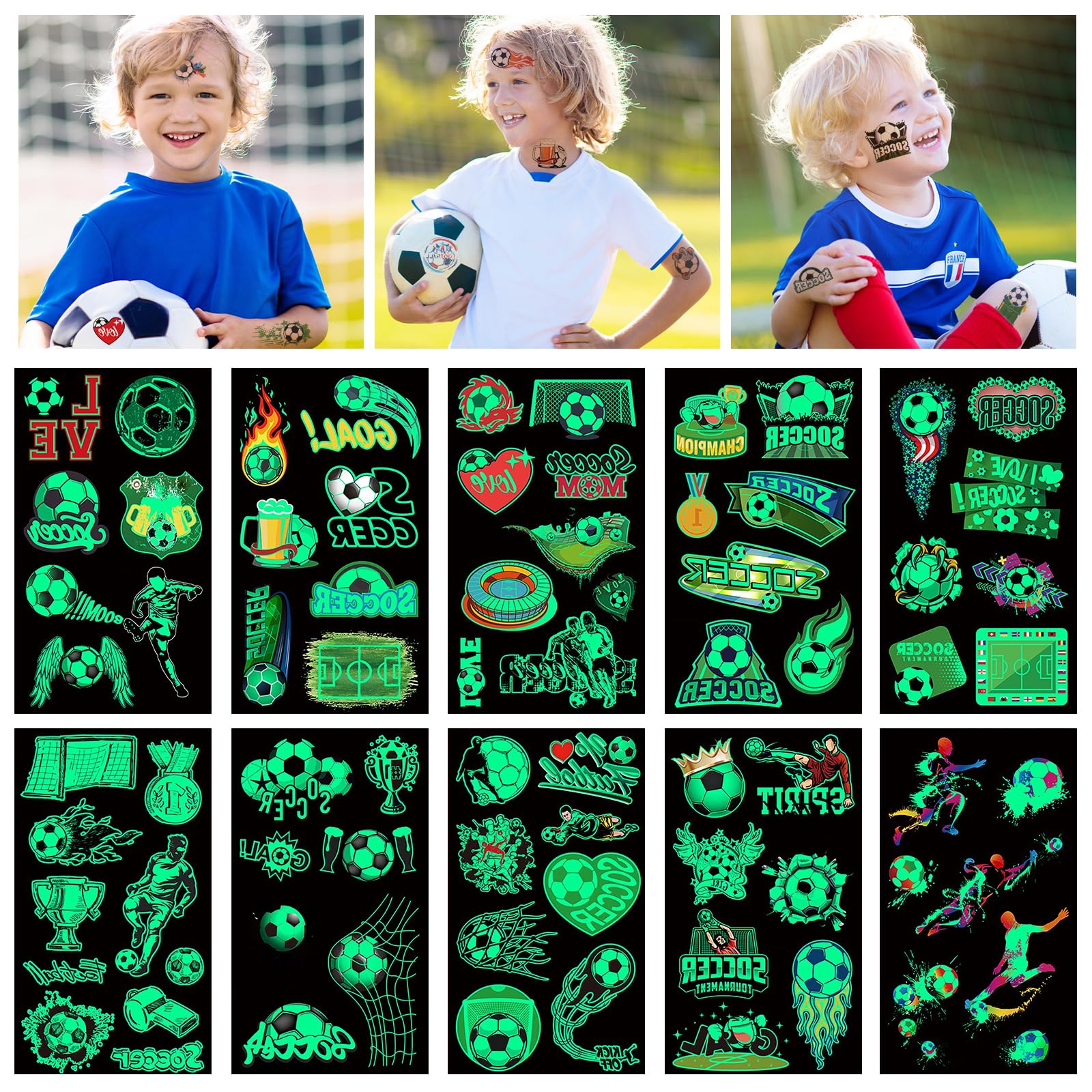 Aomig Tatuajes Temporales Niños, 20 Hojas Tatuajes Luminosos Calcamonias para Niños, Pegatinas Infantiles de Fútbol, Tatoos Infantiles para Navidad Halloween Cumpleaños Regalos para Niños