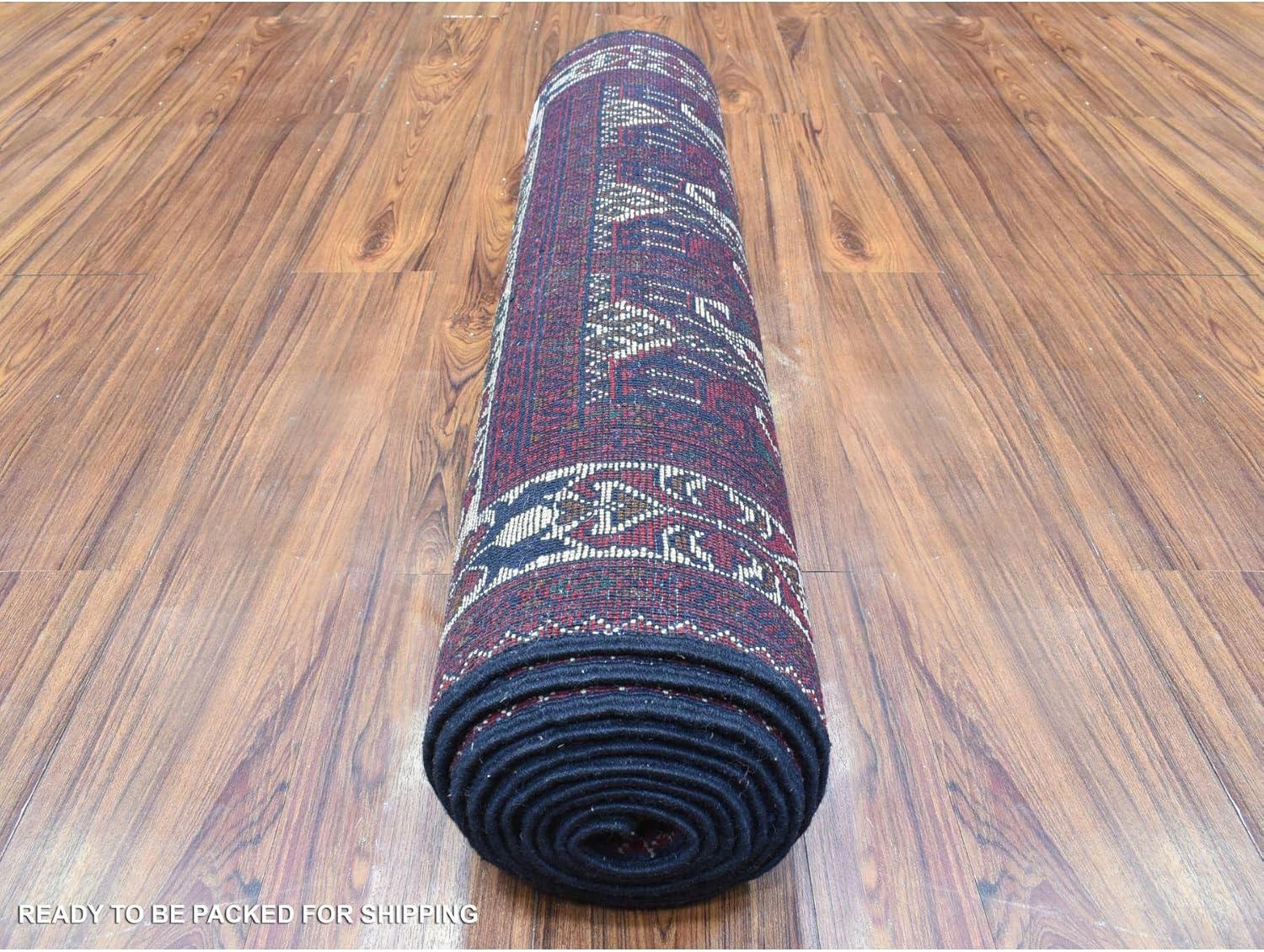 Deep and Saturated Red Afghan Khamyab with Geometric Design Soft and Velvety Wool Hand Knotted Wide Runner Oriental Rug (3'x12'5")