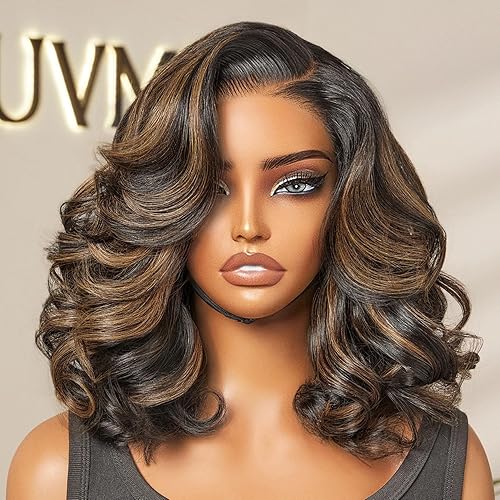 LUVME HAIR 100% Human Hair Wigs Loose Wave Glueless Without Spray Lace Front 12 Inches, Pre Cut Plucked Hd Lace Short Wig Ready To Go Highlight Color Straight Bleached Knots Side Part Wigs