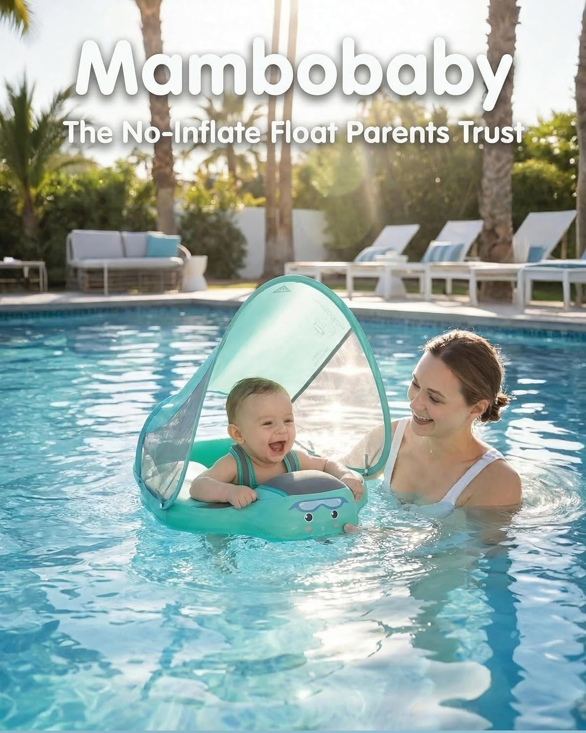 Mambobaby No Inflate Baby Float with Canopy, Infant Toddler Pool Float for 3-24 Months, UPF 50+ Sun Protection 5-Point Harness Solid Pearl-Foam Soft Skin-Friendly Fabric Material for Baby Boat Float